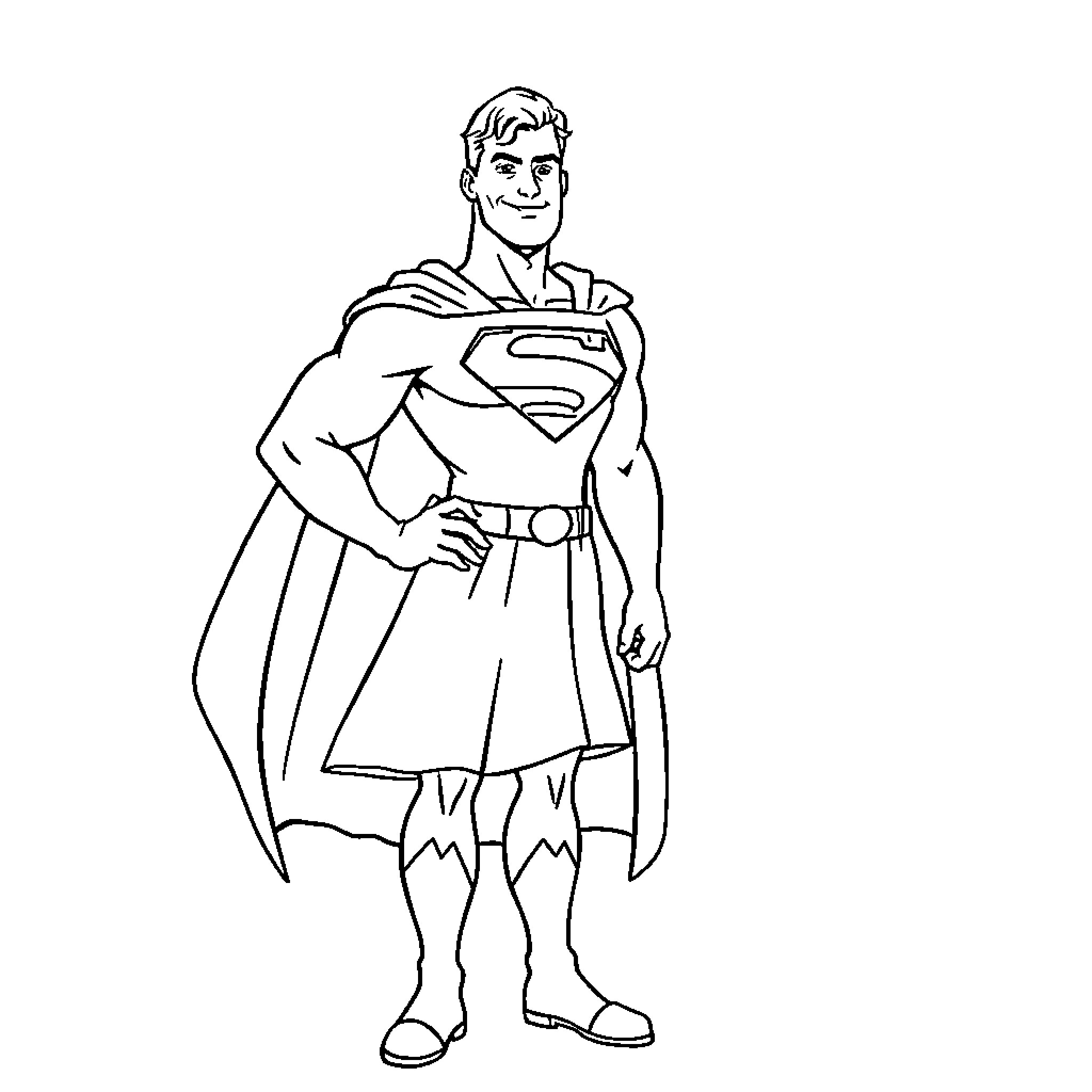 Superman heroically standing in costume Coloring Page (free black-and-white line drawing printable PDF for all, from beginners to advanced learners, including children, teens, adults, and seniors)