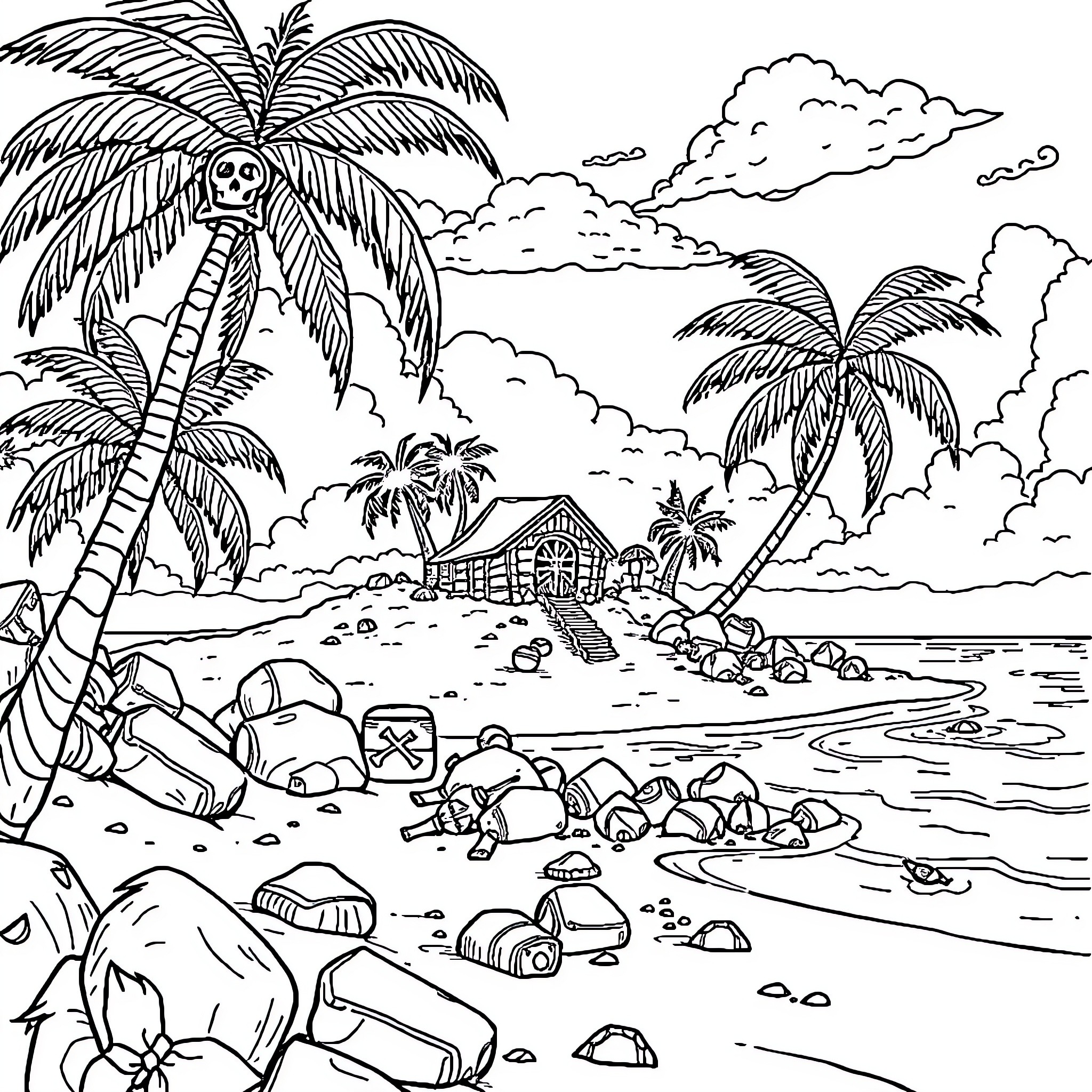 Treasure Trove on Tropical Island Coloring Page (free black-and-white line drawing printable PDF for all, from beginners to advanced learners, including children, teens, adults, and seniors)