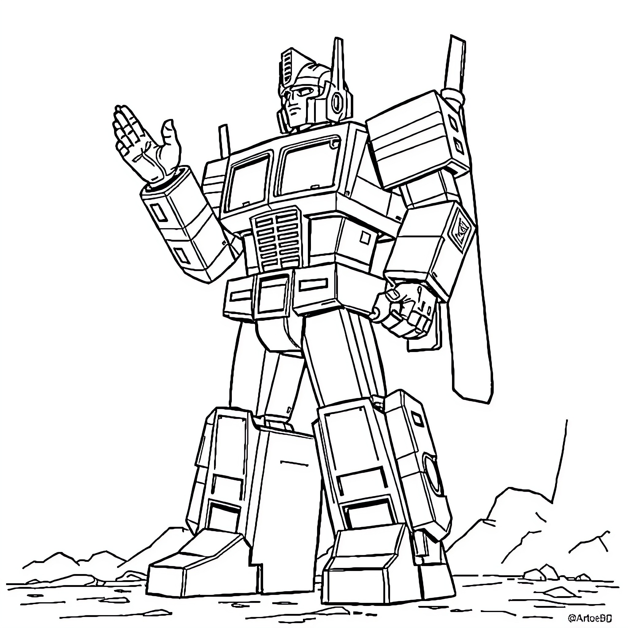 Optimus Prime standing tall and heroic Coloring Page (free black-and-white line drawing printable PDF for all, from beginners to advanced learners, including children, teens, adults, and seniors)