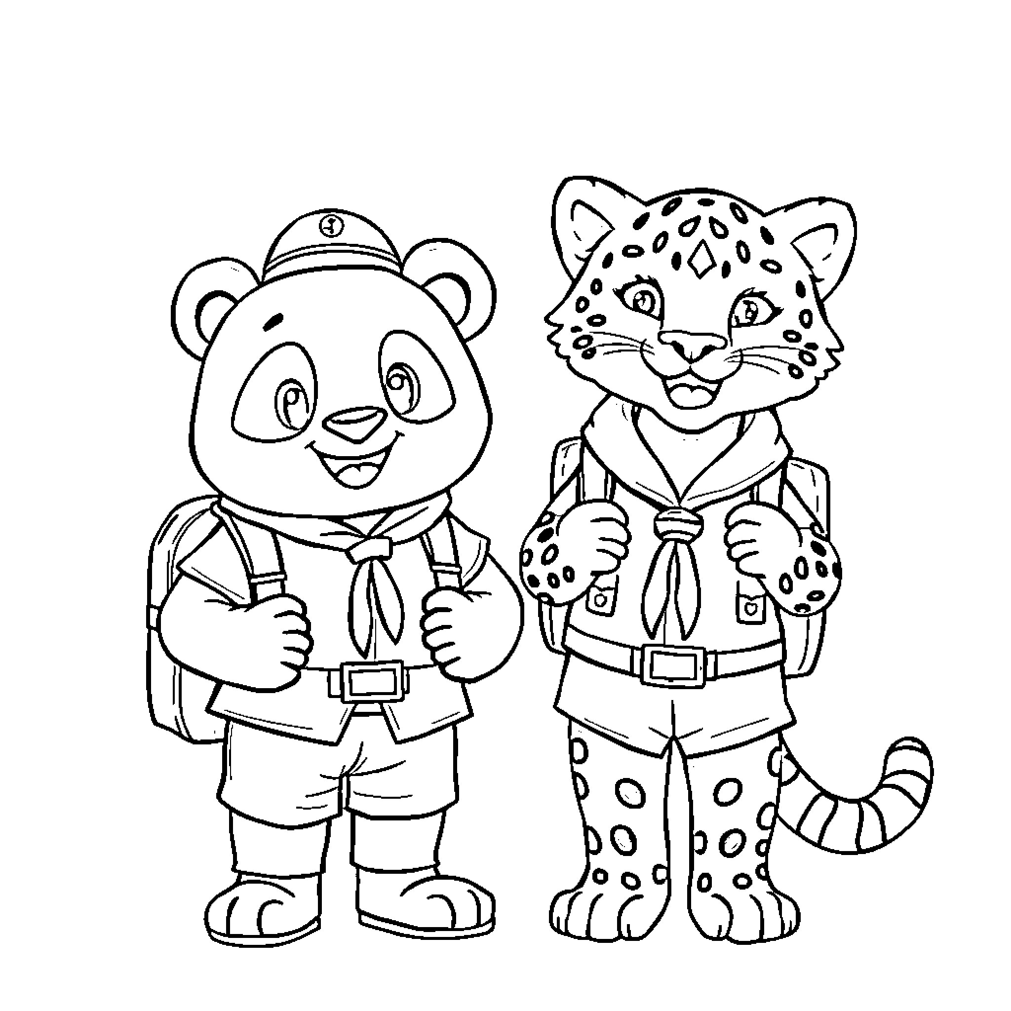 Panda and Cheetah in Uniforms Coloring Page (free black-and-white line drawing printable PDF for all, from beginners to advanced learners, including children, teens, adults, and seniors)