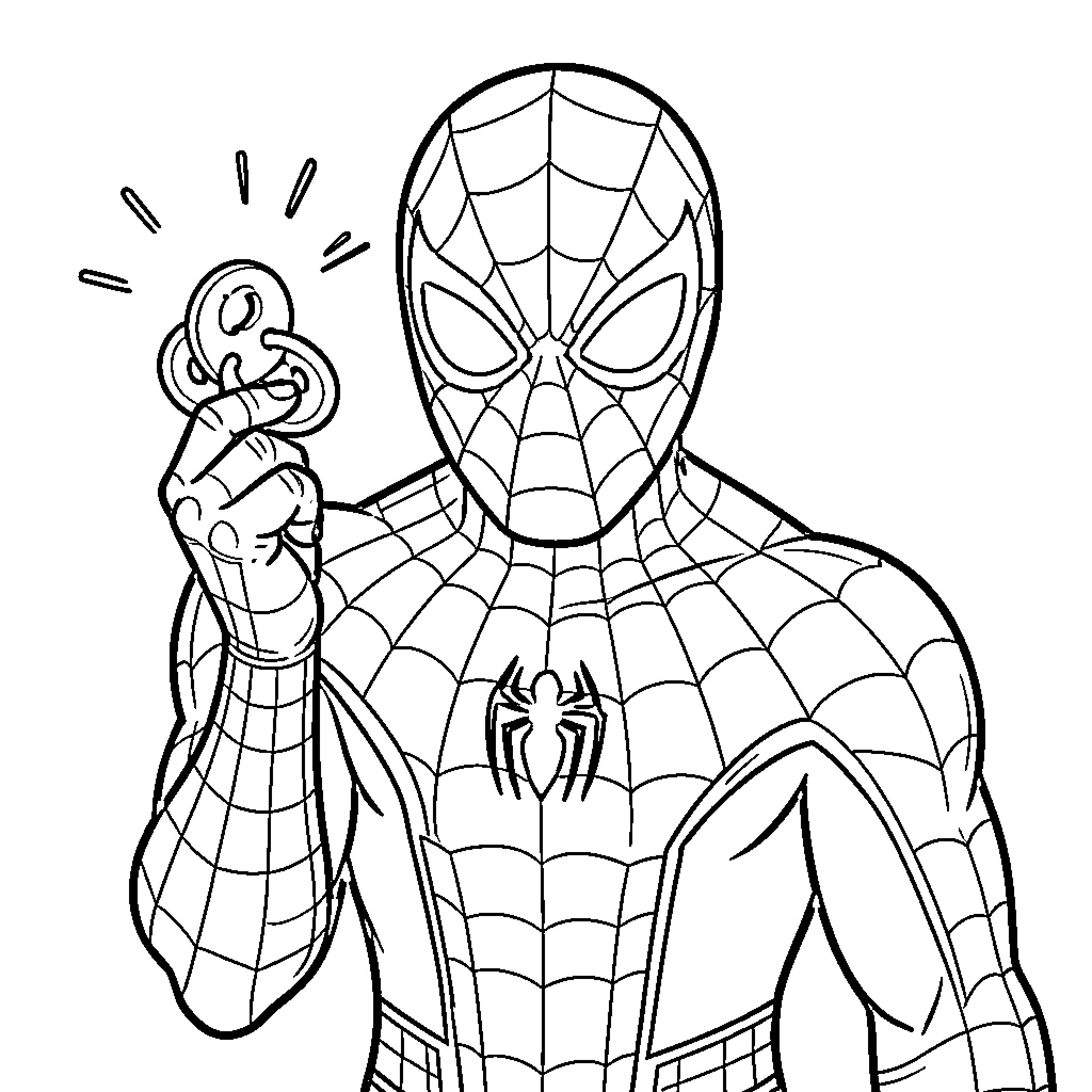 Spiderman holding a ring with a focused expression Coloring Page (free black-and-white line drawing printable PDF for all, from beginners to advanced learners, including children, teens, adults, and seniors)