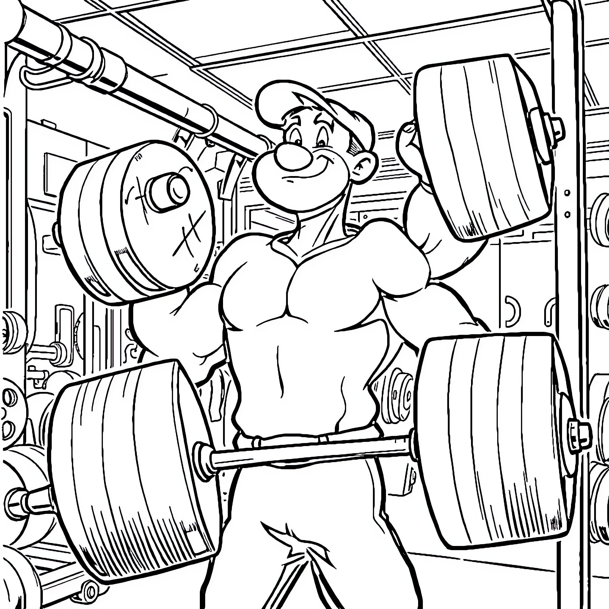 Popeye Lifting Heavy Weights in Gym Coloring Page (free black-and-white line drawing printable PDF for all, from beginners to advanced learners, including children, teens, adults, and seniors)