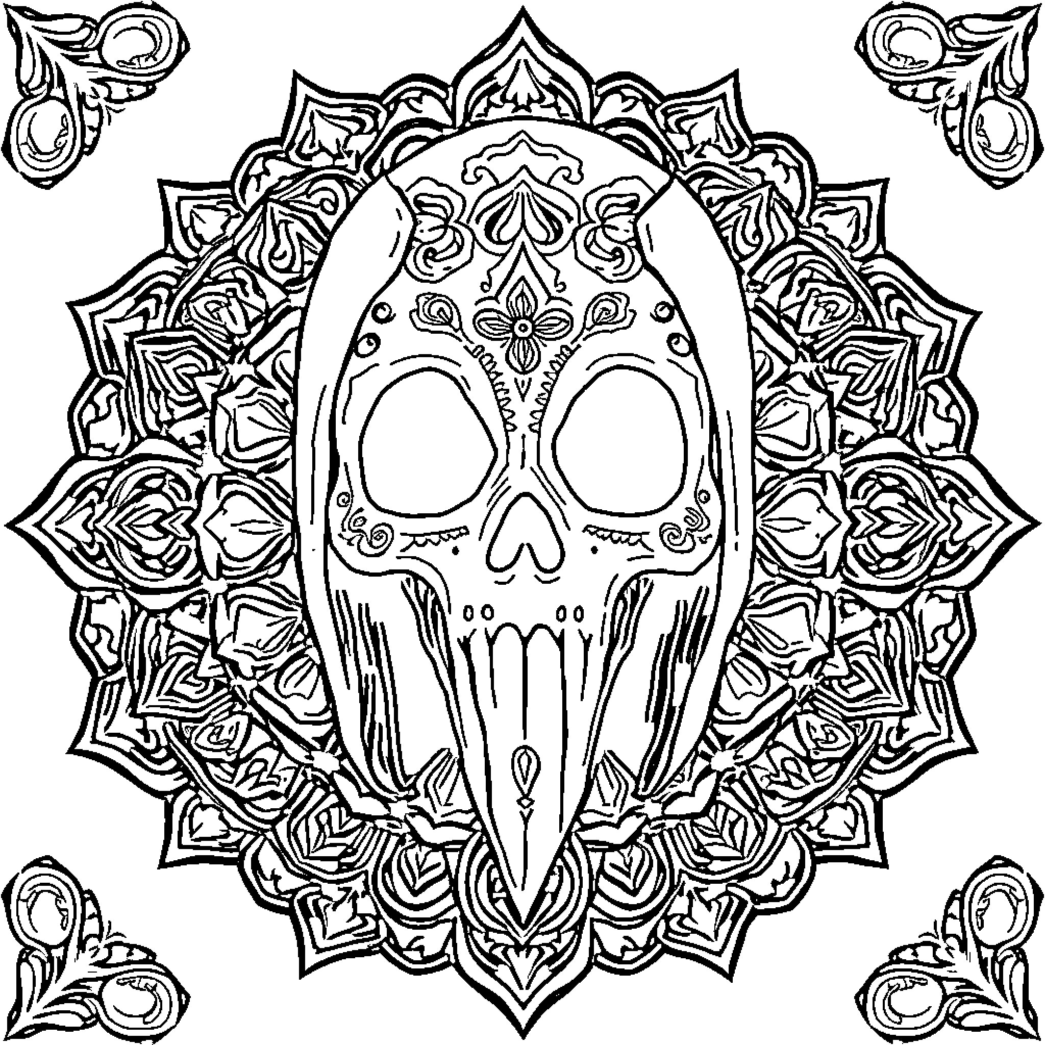 Ghostface skull in ornate mandala frame Coloring Page (free black-and-white line drawing printable PDF for all, from beginners to advanced learners, including children, teens, adults, and seniors)