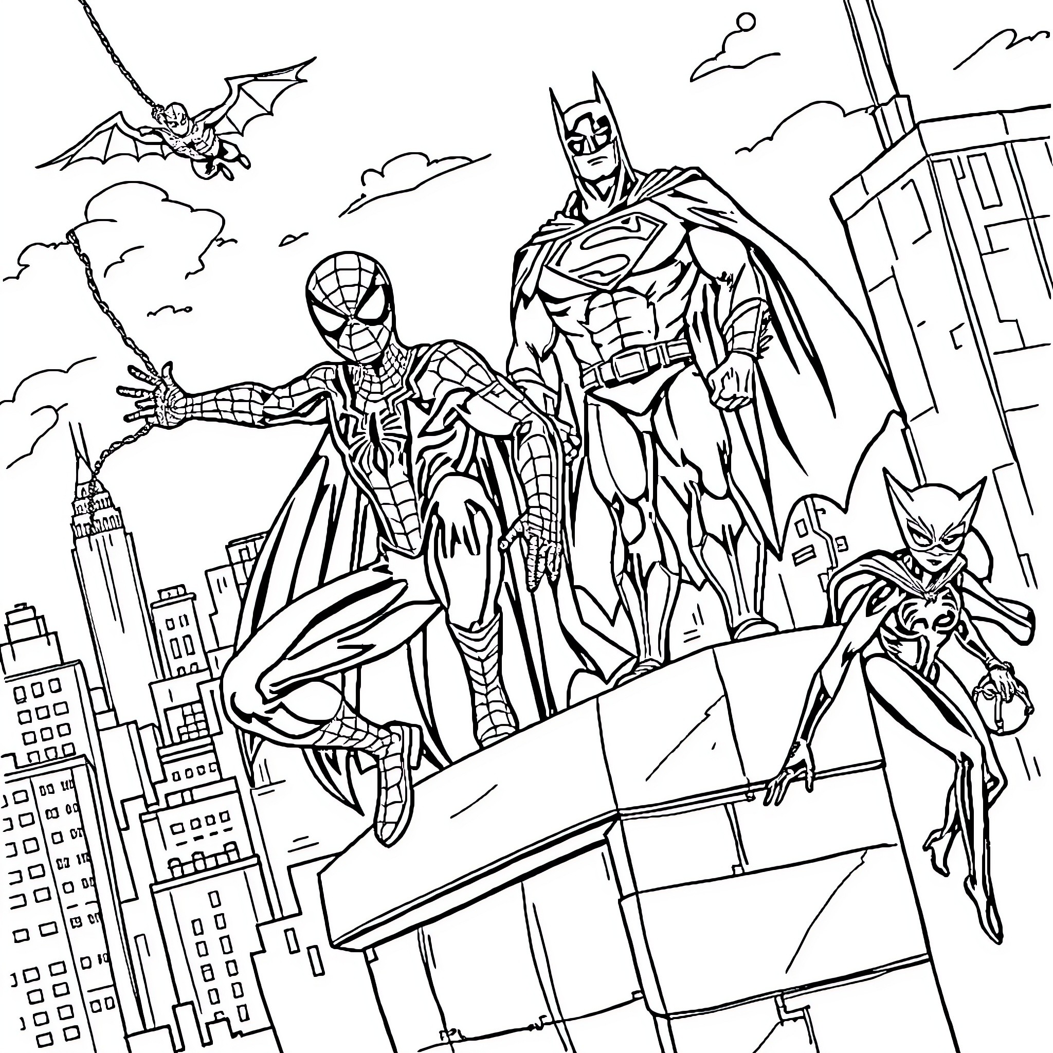 Superhero Crusaders Defend the City Skyline Coloring Page (free black-and-white line drawing printable PDF for all, from beginners to advanced learners, including children, teens, adults, and seniors)
