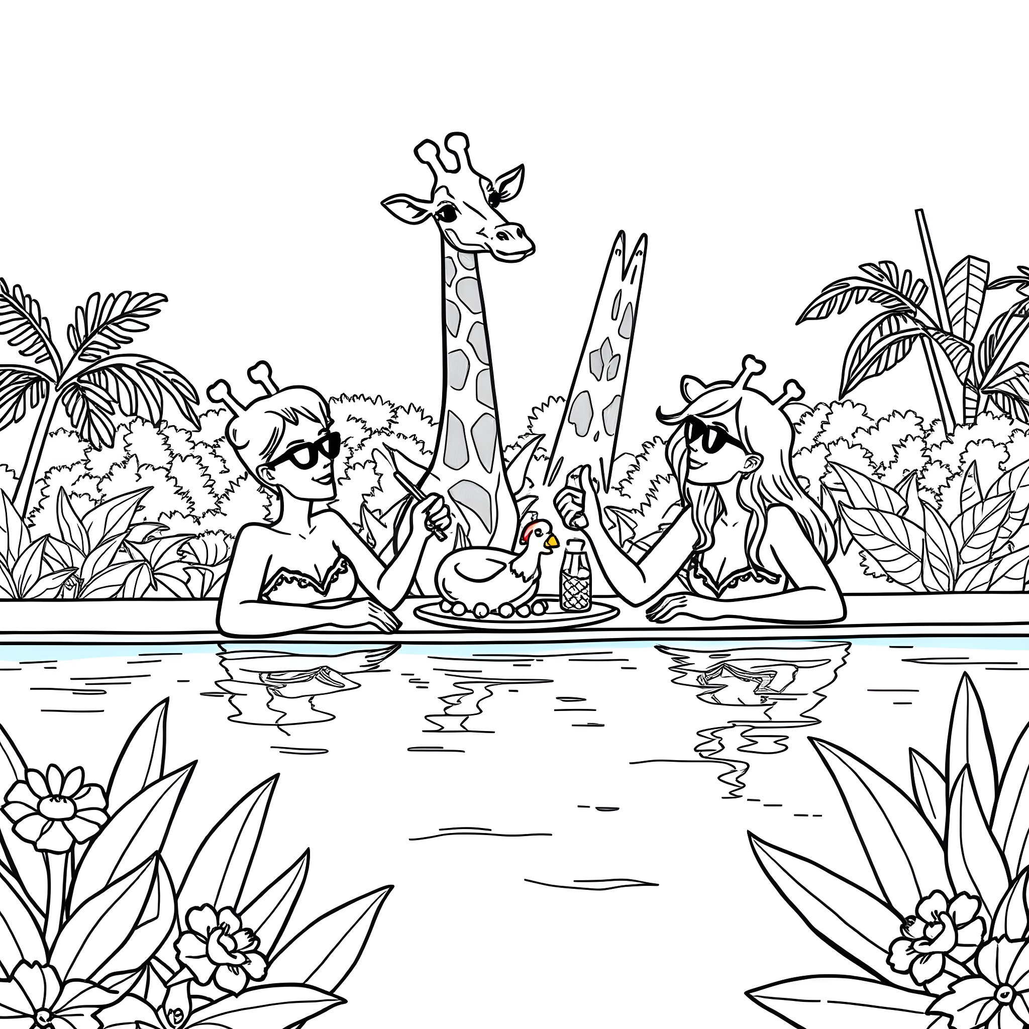 Person enjoying tropical scene with wildlife Coloring Page (free black-and-white line drawing printable PDF for all, from beginners to advanced learners, including children, teens, adults, and seniors)