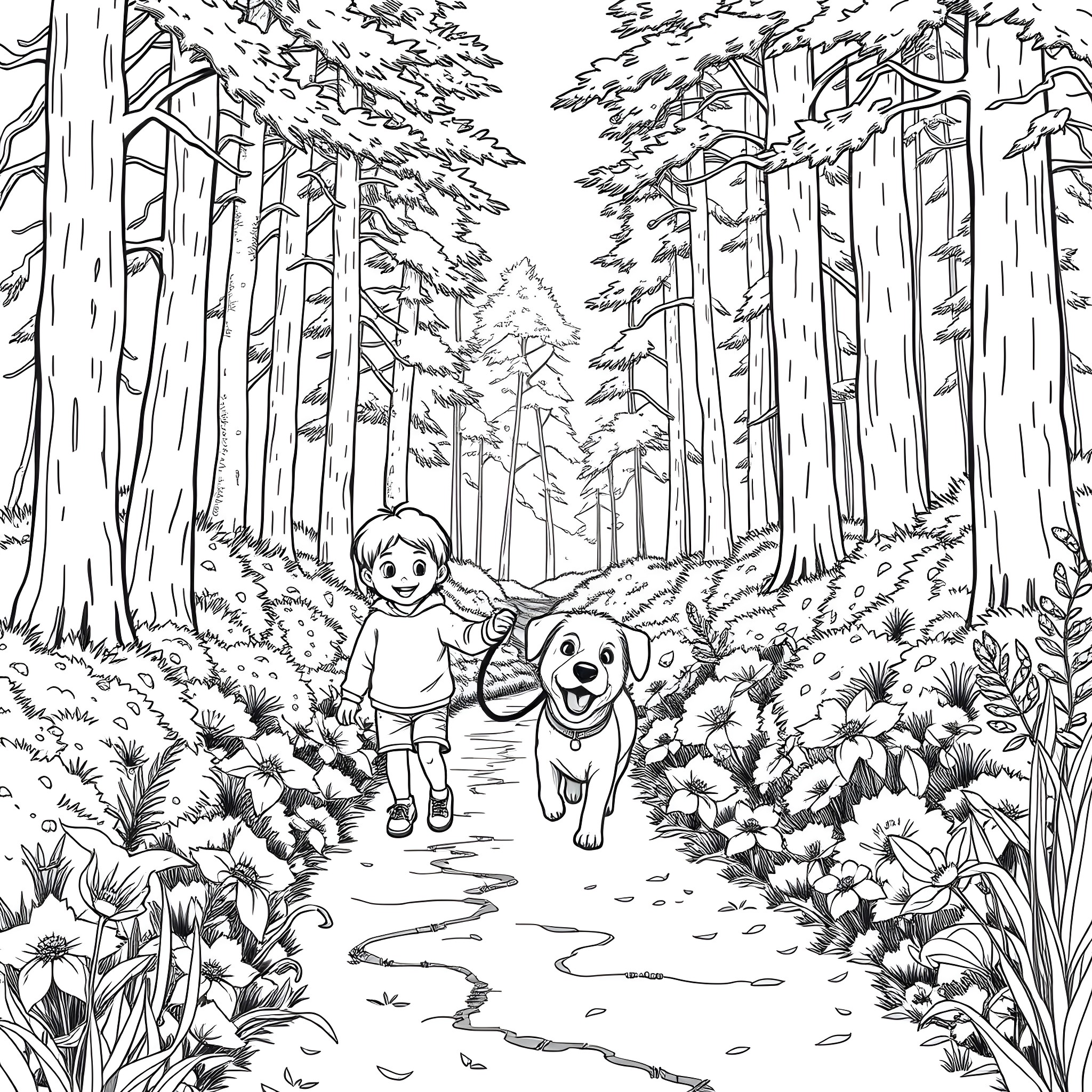 Kid and Dog Exploring the Enchanted Forest Coloring Page (free black-and-white line drawing printable PDF for all, from beginners to advanced learners, including children, teens, adults, and seniors)