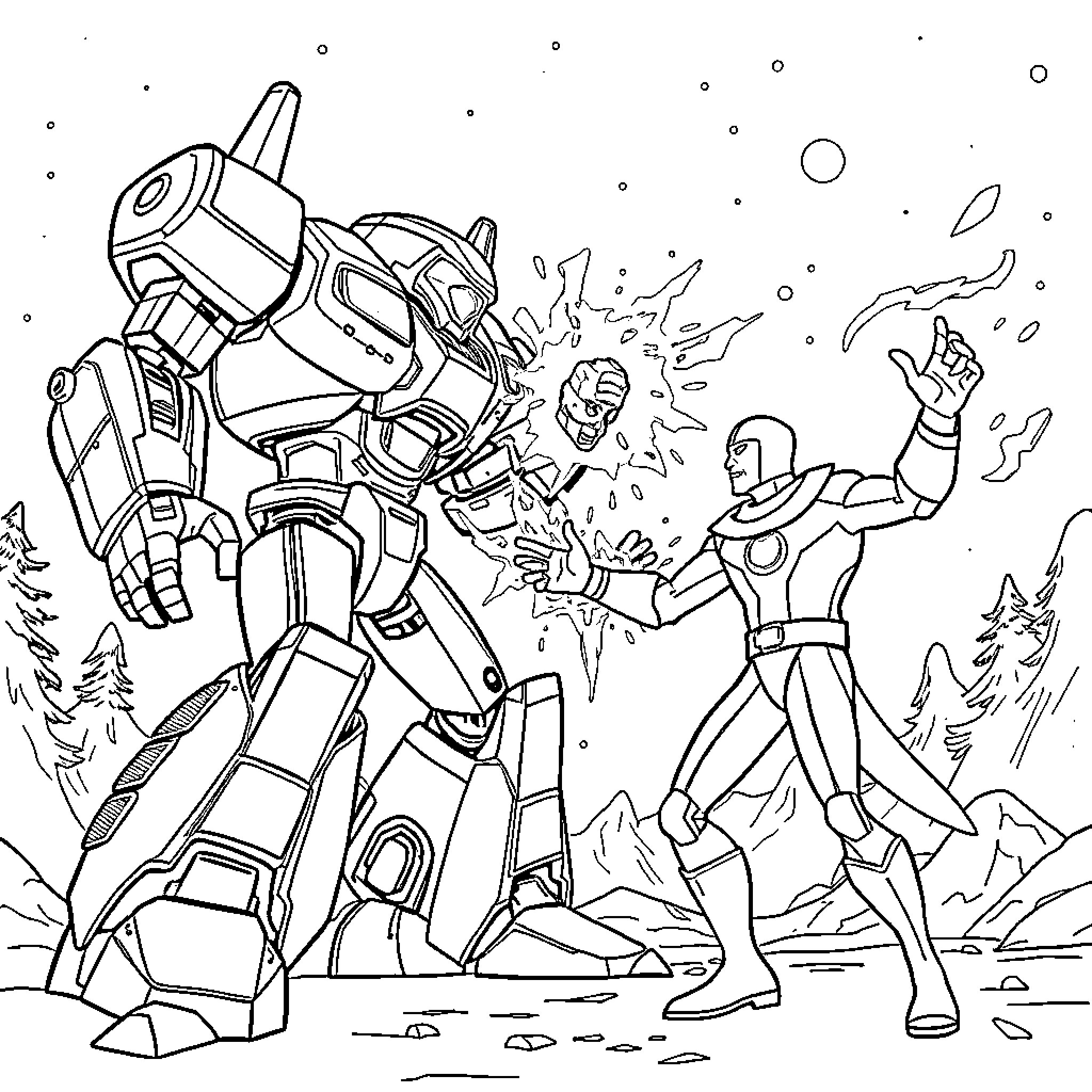 Frozone battles against a powerful robot in a snowy landscape Coloring Page (free black-and-white line drawing printable PDF for all, from beginners to advanced learners, including children, teens, adults, and seniors)
