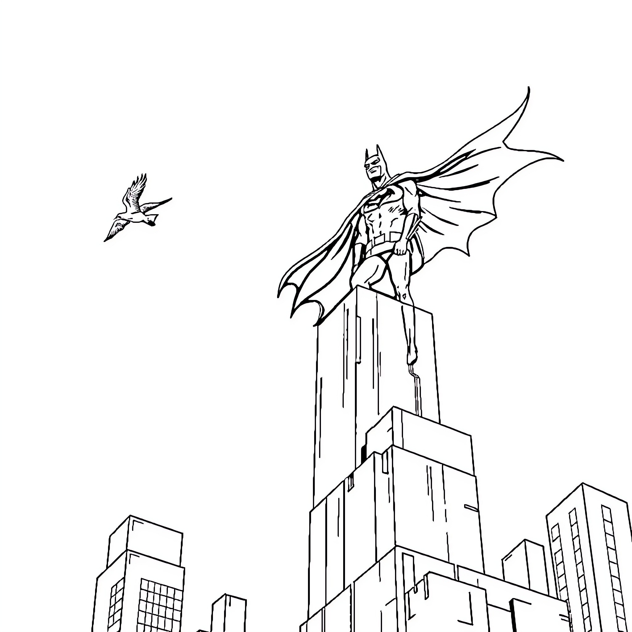 Batman standing heroically on a city skyscraper Coloring Page (free black-and-white line drawing printable PDF for all, from beginners to advanced learners, including children, teens, adults, and seniors)