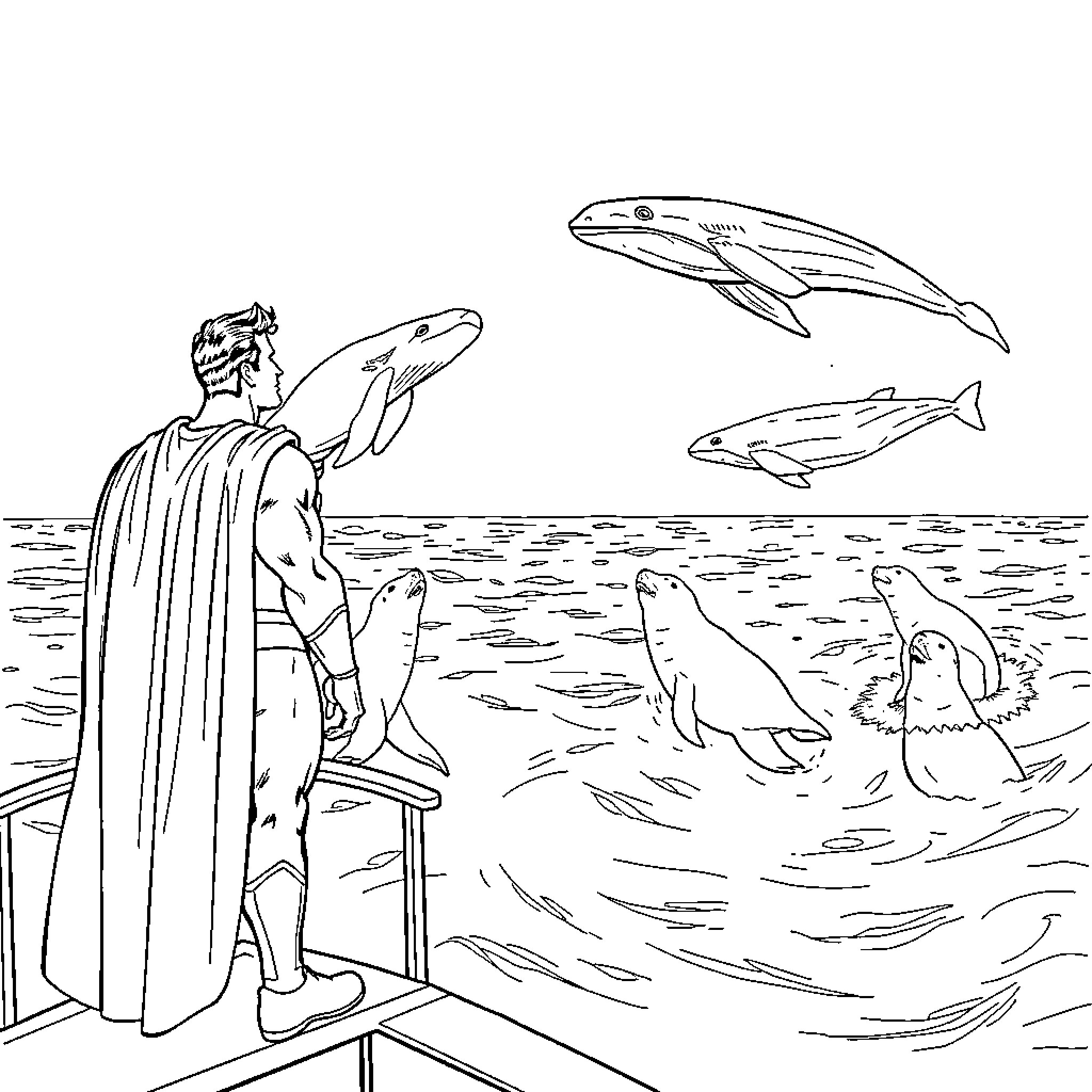 Superman surveying the marine life in the ocean Coloring Page (free black-and-white line drawing printable PDF for all, from beginners to advanced learners, including children, teens, adults, and seniors)