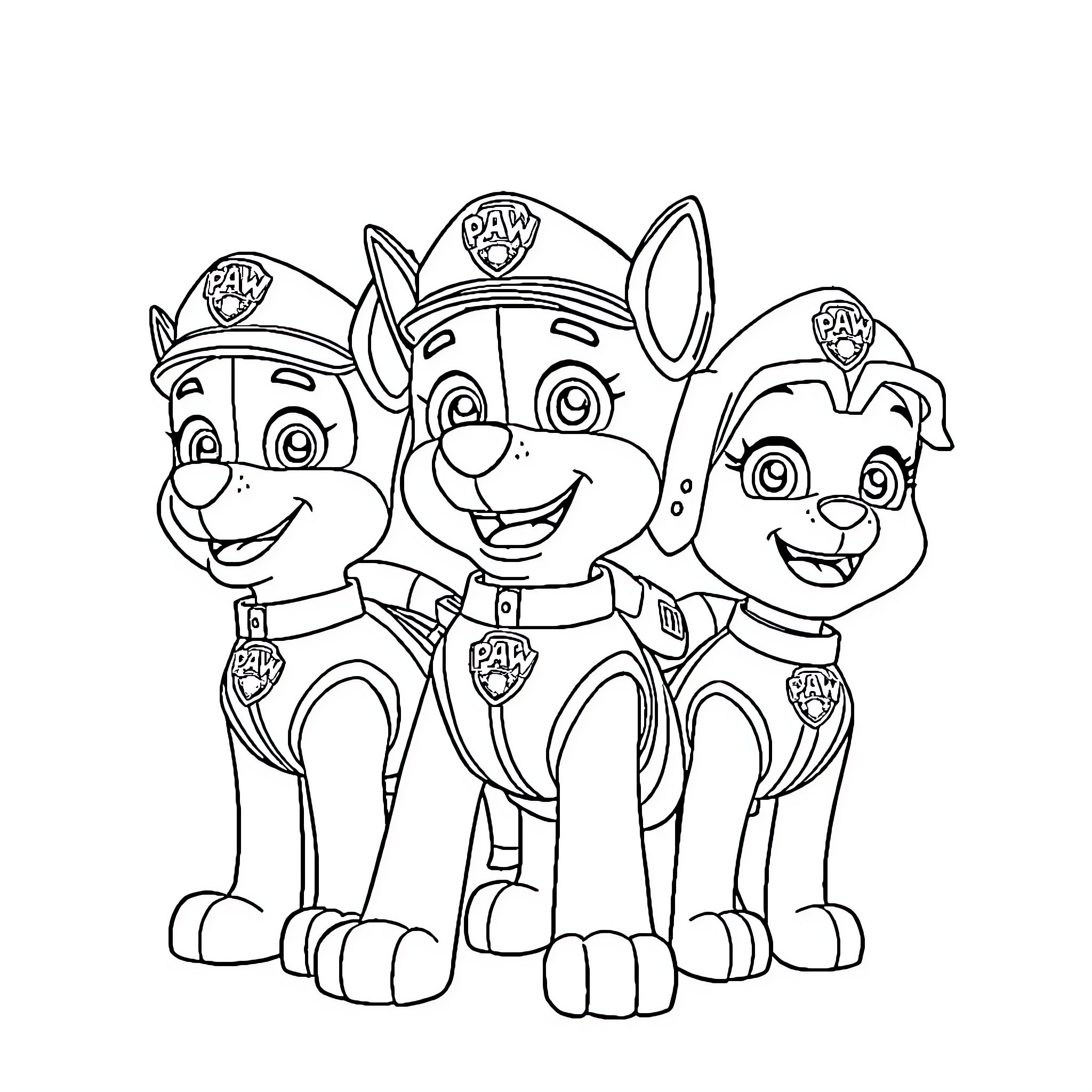 Paw Patrol Trio in Uniform Coloring Page (free black-and-white line drawing printable PDF for all, from beginners to advanced learners, including children, teens, adults, and seniors)