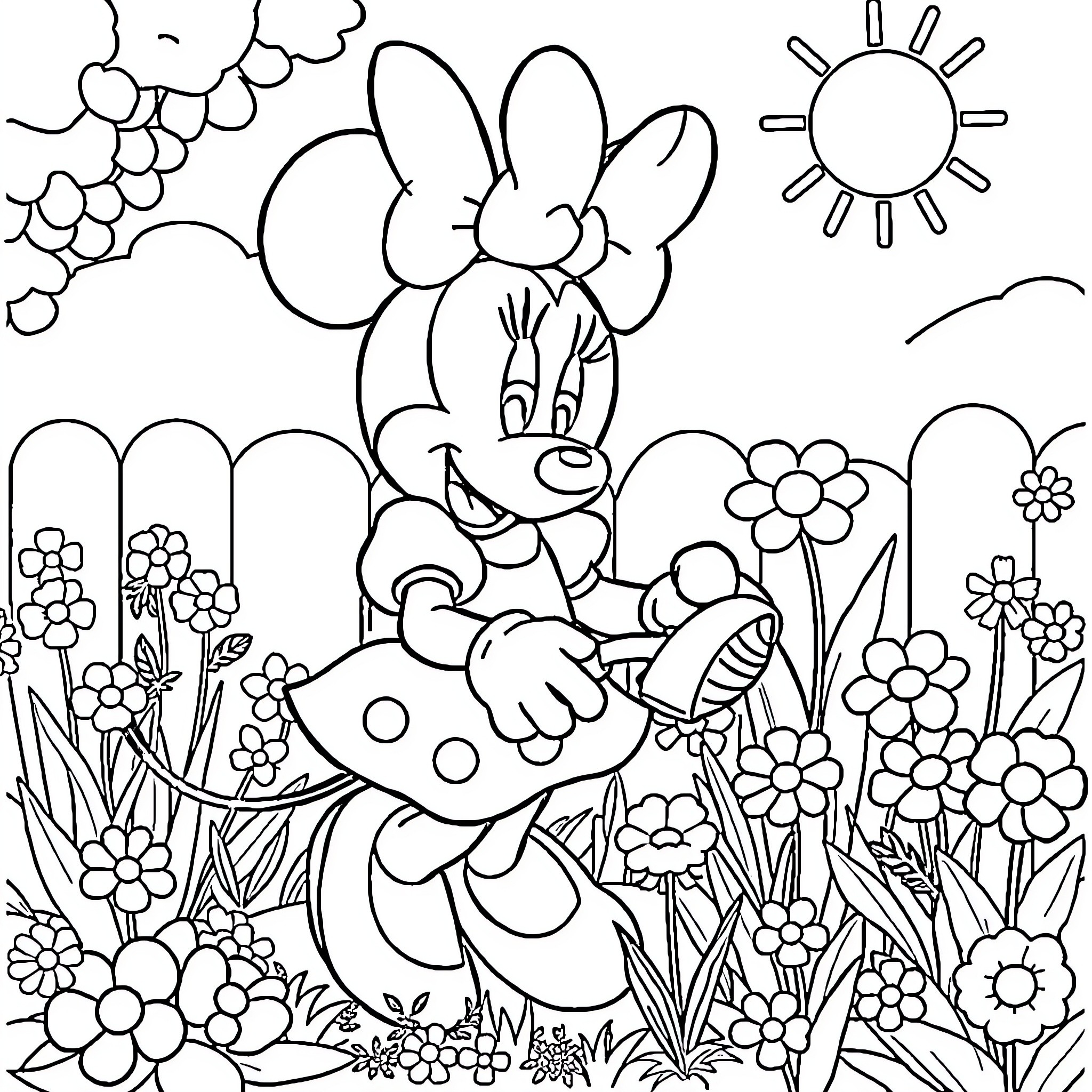Minnie Mouse enjoying the garden Coloring Page (free black-and-white line drawing printable PDF for all, from beginners to advanced learners, including children, teens, adults, and seniors)