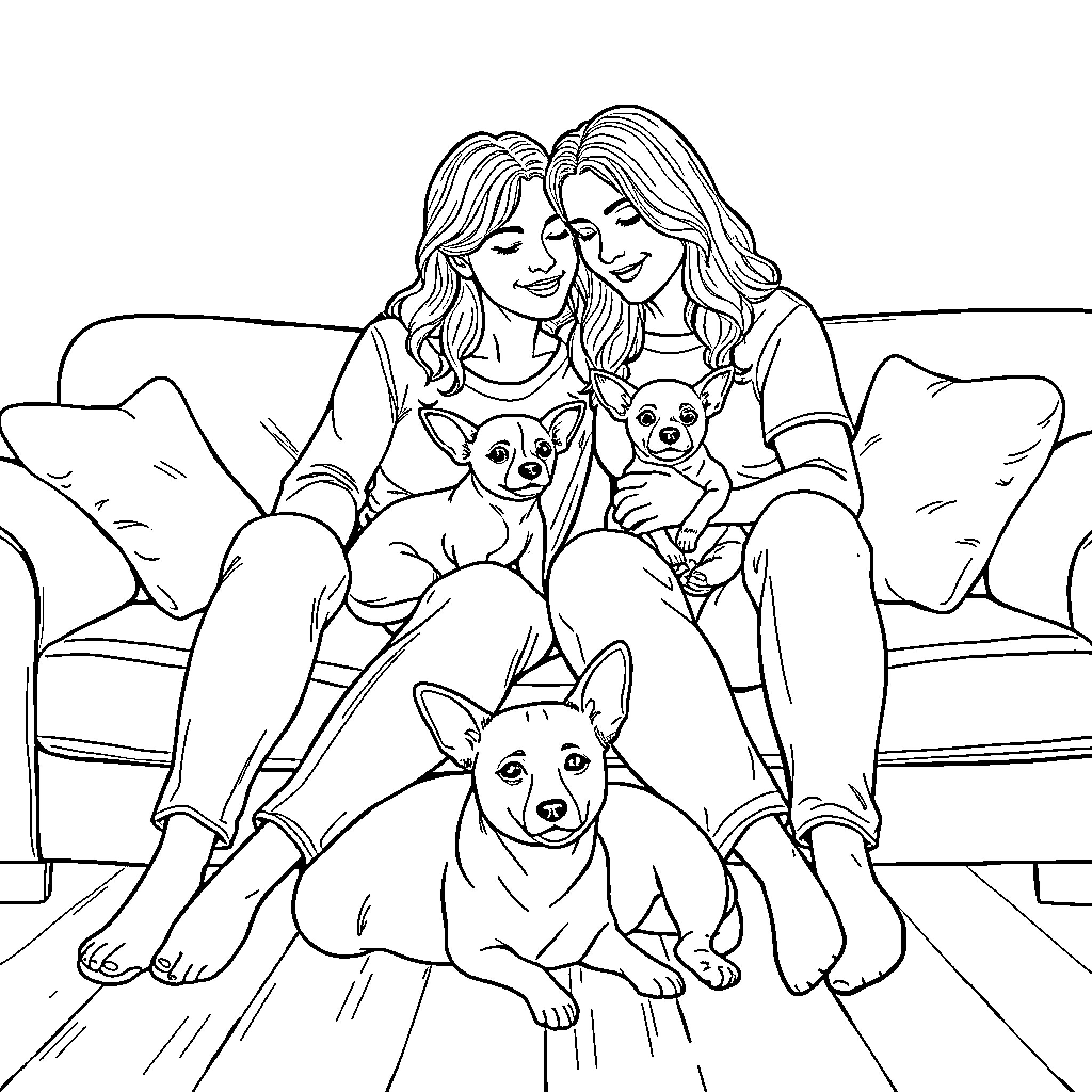 Couple Relaxing with Furry Friends on the Sofa Coloring Page (free black-and-white line drawing printable PDF for all, from beginners to advanced learners, including children, teens, adults, and seniors)
