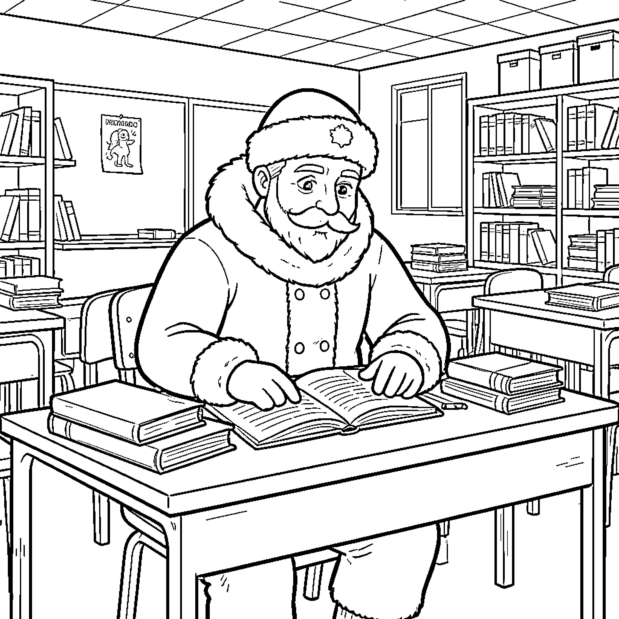 Hombre de las Nieves studying in a cozy library Coloring Page (free black-and-white line drawing printable PDF for all, from beginners to advanced learners, including children, teens, adults, and seniors)