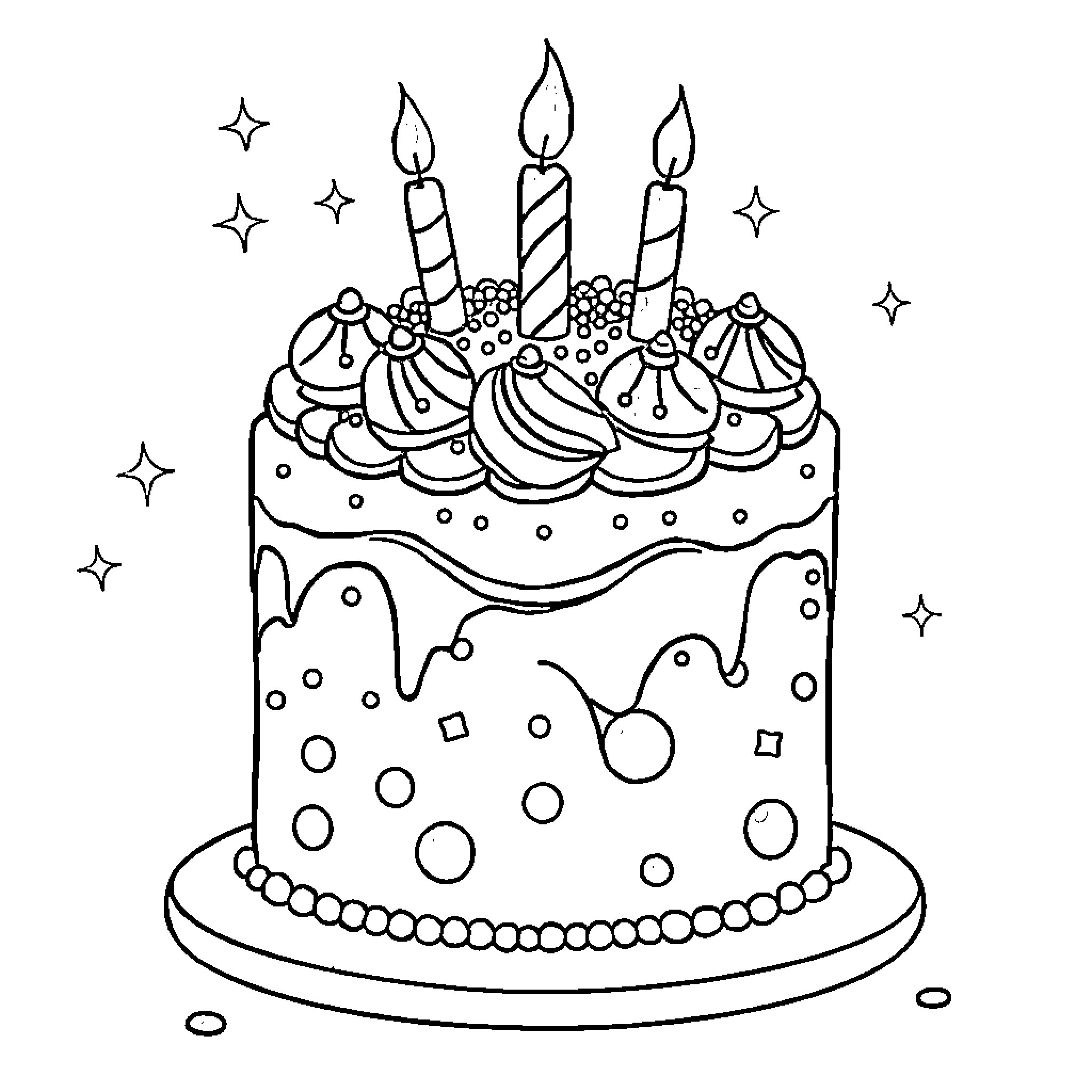 Cake with Lit Candles and Decorations Coloring Page (free black-and-white line drawing printable PDF for all, from beginners to advanced learners, including children, teens, adults, and seniors)