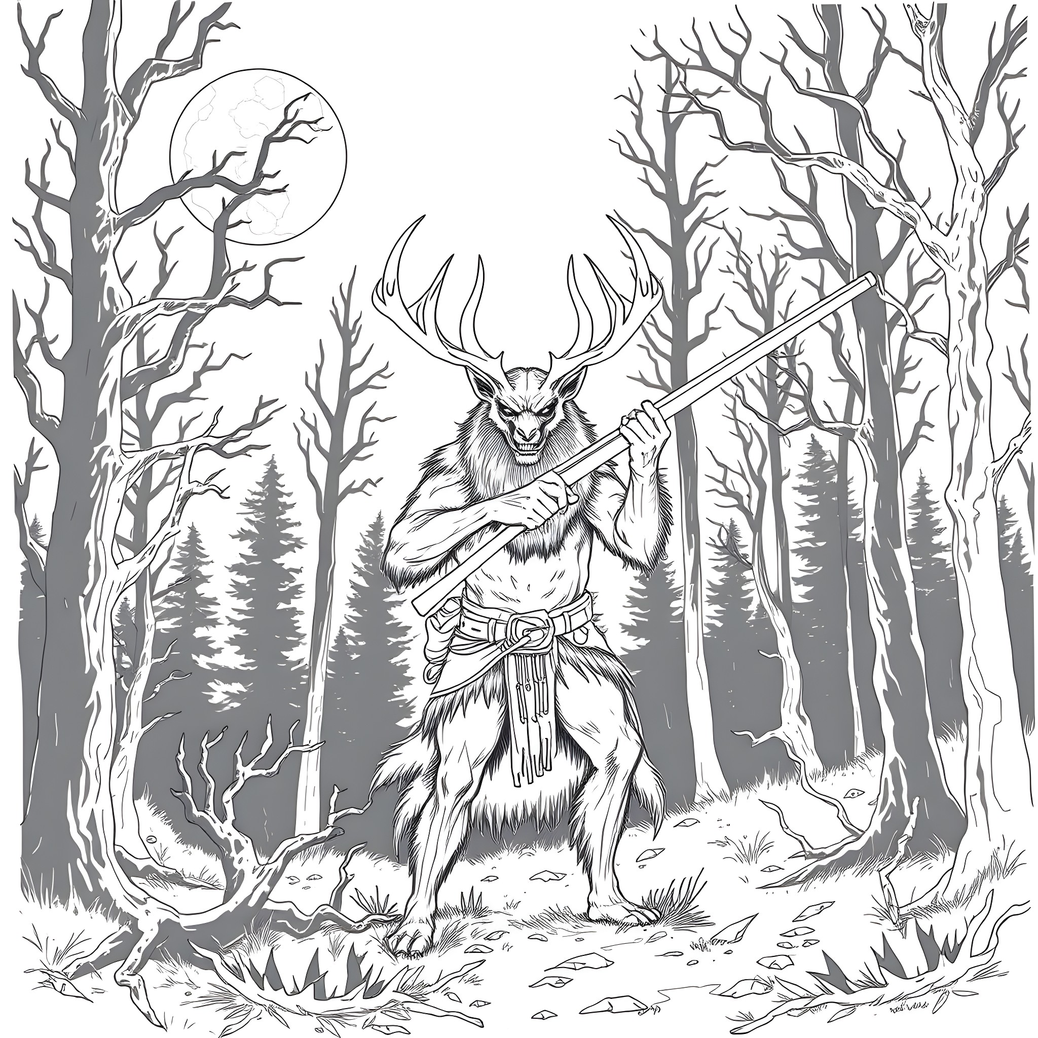 Hunter preparing for the hunt in the dark forest Coloring Page (free black-and-white line drawing printable PDF for all, from beginners to advanced learners, including children, teens, adults, and seniors)