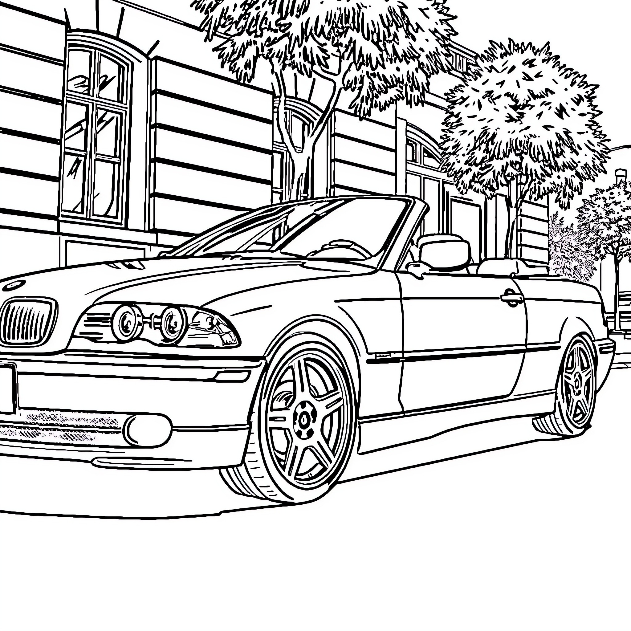 BMW convertible parked in front of a building Coloring Page (free black-and-white line drawing printable PDF for all, from beginners to advanced learners, including children, teens, adults, and seniors)