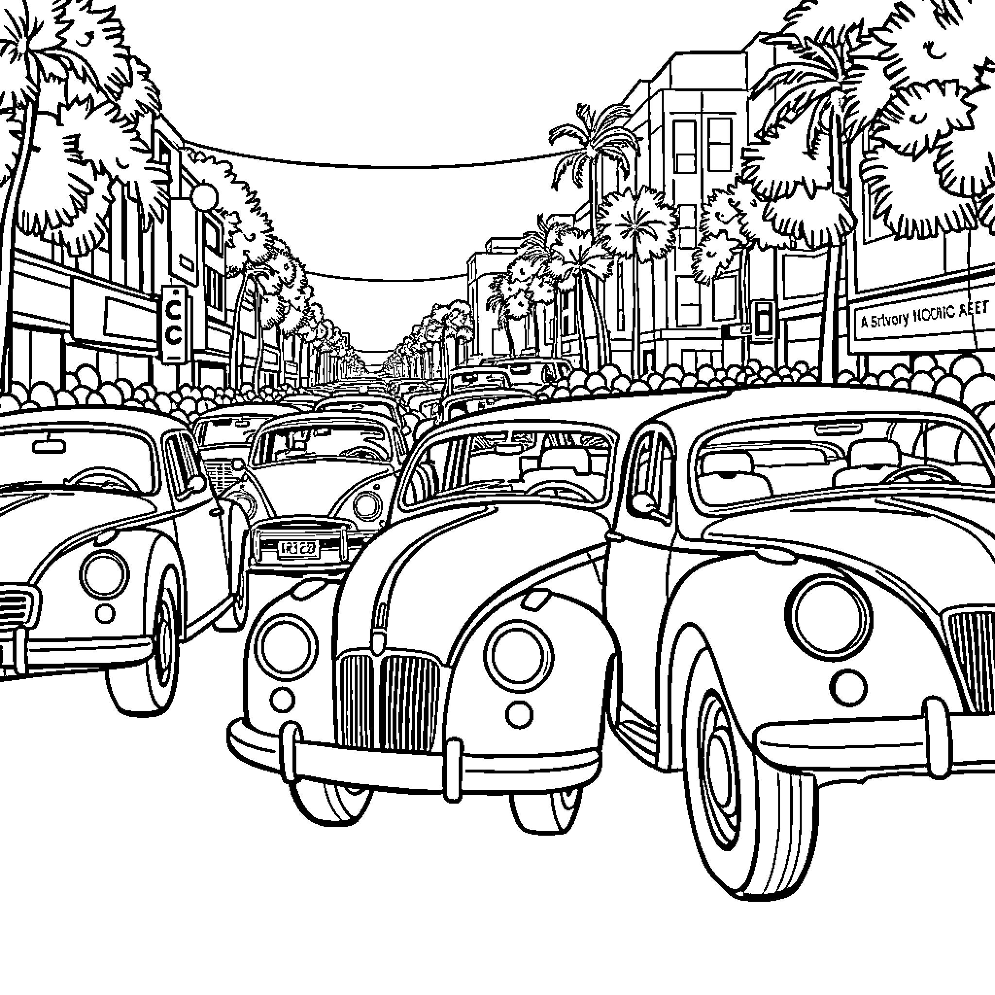 Car traffic on a busy street with palm trees Coloring Page (free black-and-white line drawing printable PDF for all, from beginners to advanced learners, including children, teens, adults, and seniors)