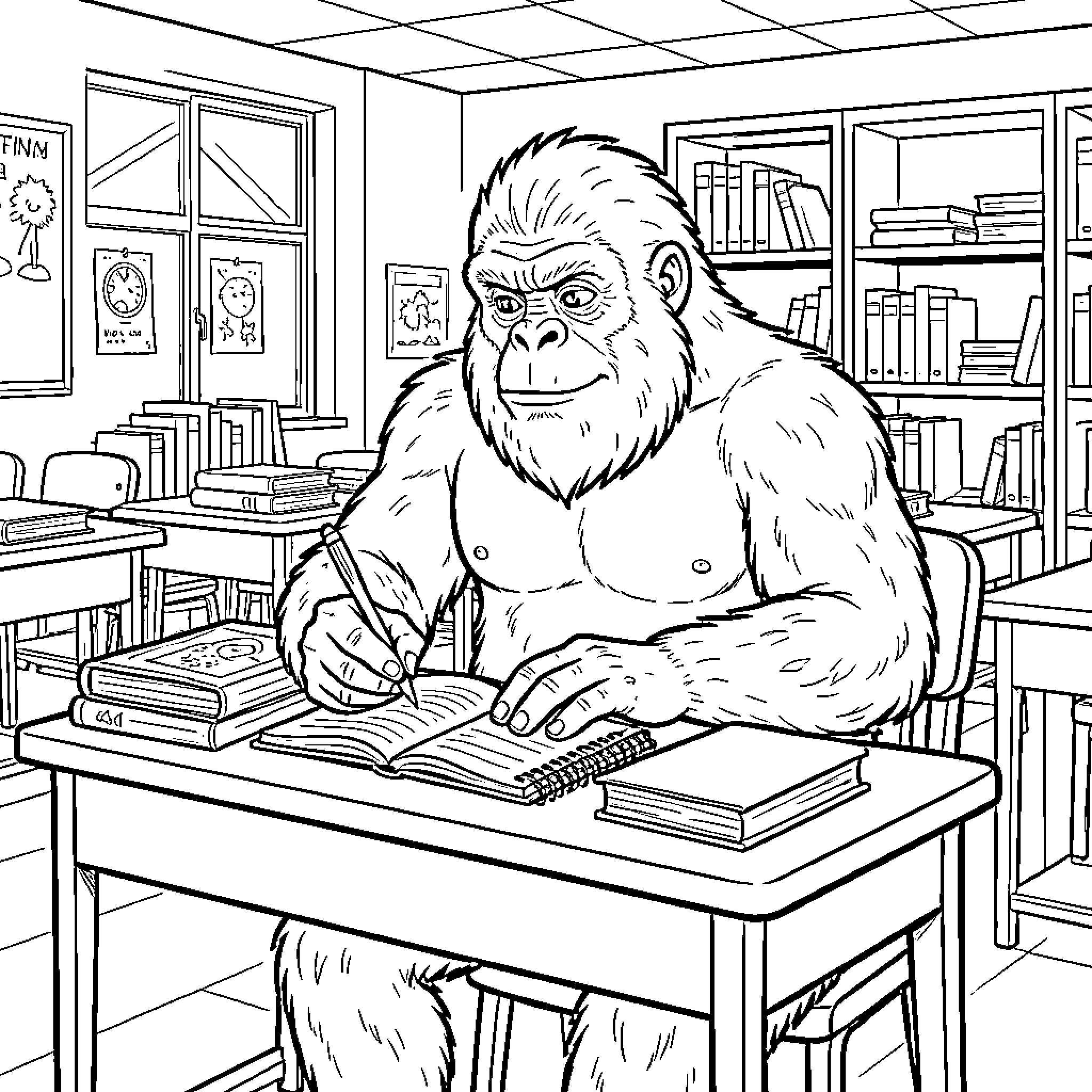 Sasquatch studying diligently in the library Coloring Page (free black-and-white line drawing printable PDF for all, from beginners to advanced learners, including children, teens, adults, and seniors)