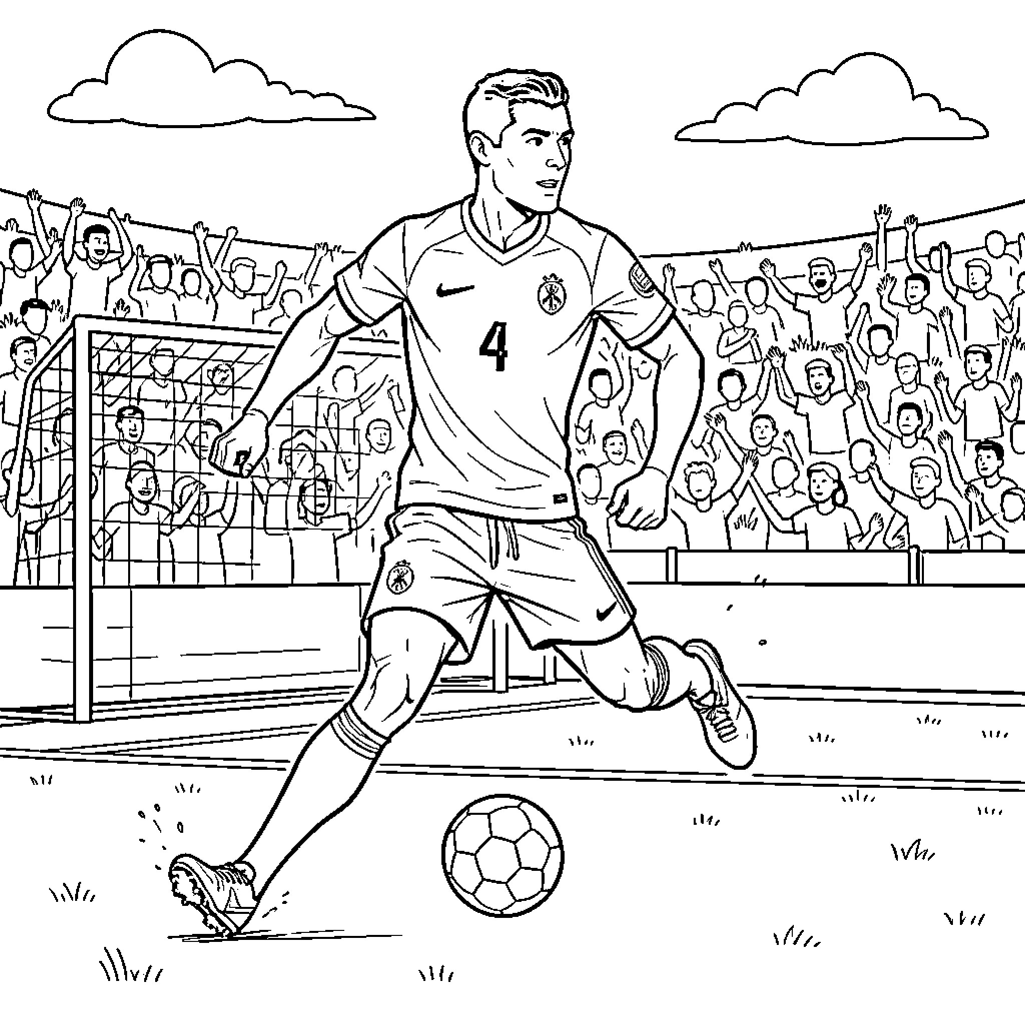 Ronaldo dribbling a soccer ball towards the goal Coloring Page (free black-and-white line drawing printable PDF for all, from beginners to advanced learners, including children, teens, adults, and seniors)