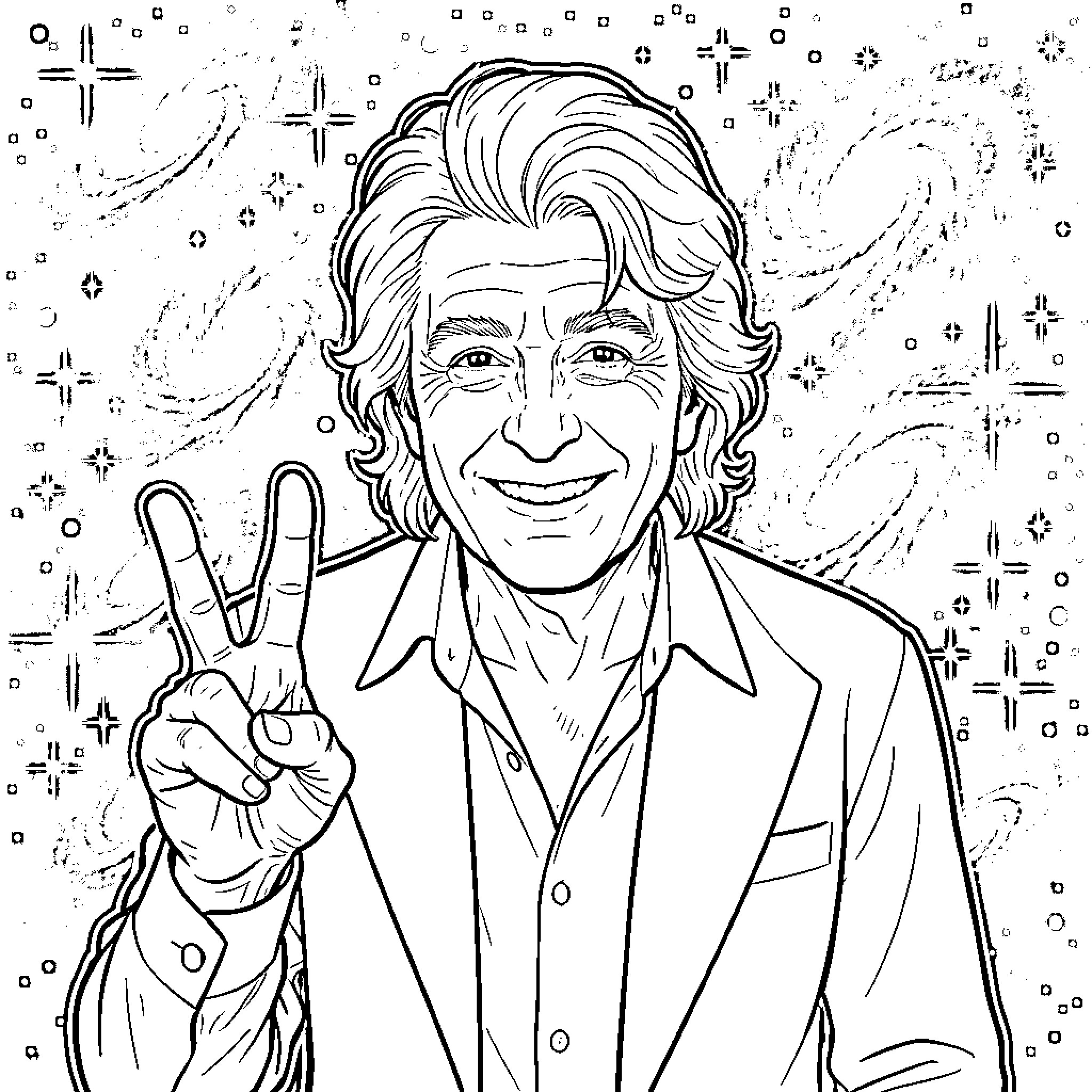 Ringo Starr making peace sign gesture with a smile Coloring Page (free black-and-white line drawing printable PDF for all, from beginners to advanced learners, including children, teens, adults, and seniors)