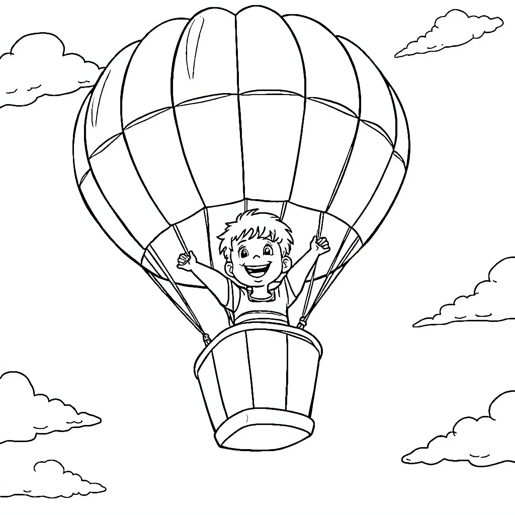 Boy enjoying a hot air balloon ride in the sky Coloring Page (free black-and-white line drawing printable PDF for all, from beginners to advanced learners, including children, teens, adults, and seniors)