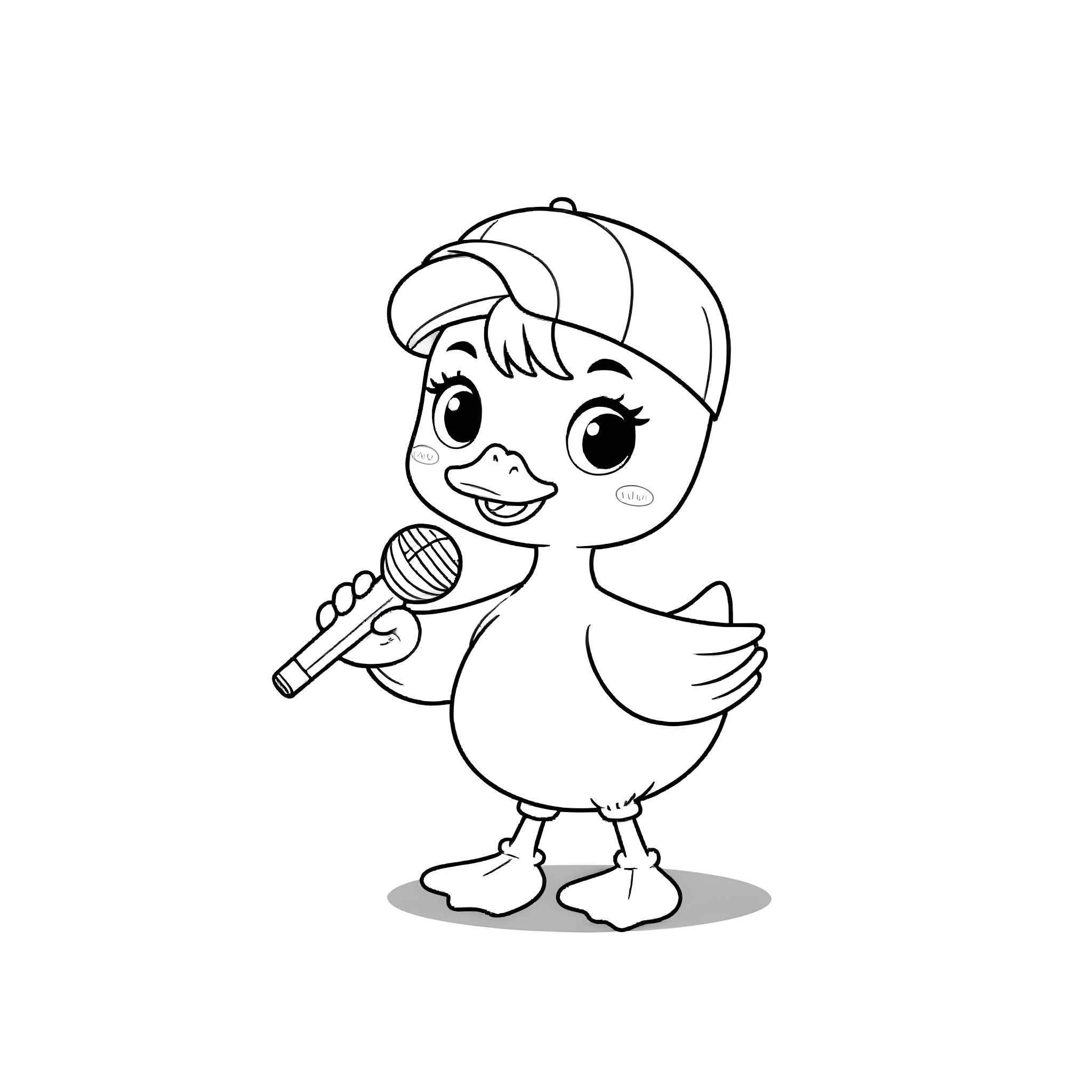 Duck Singing with Microphone Coloring Page (free black-and-white line drawing printable PDF for all, from beginners to advanced learners, including children, teens, adults, and seniors)