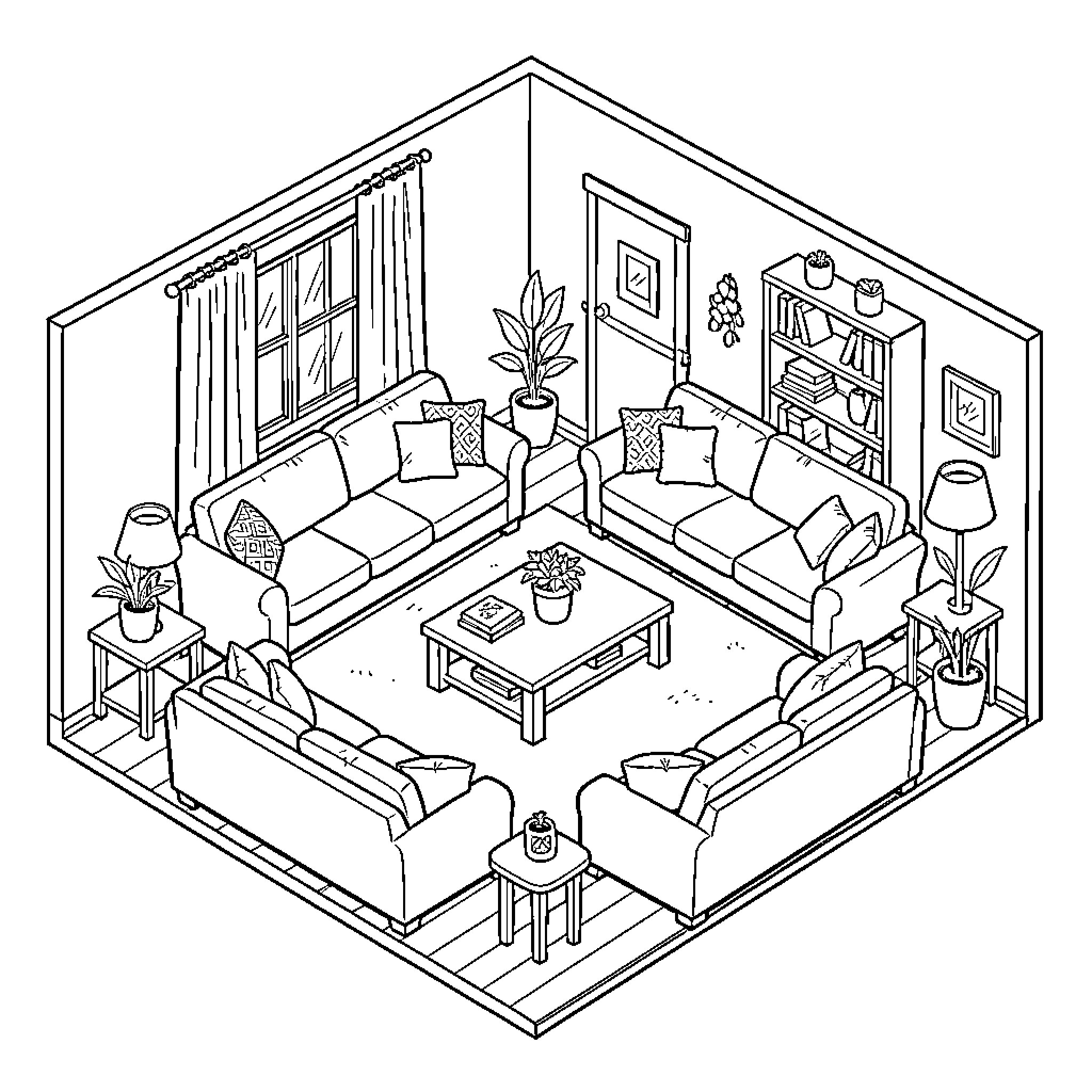 Family Room with Cozy Furnishings and Decor Coloring Page (free black-and-white line drawing printable PDF for all, from beginners to advanced learners, including children, teens, adults, and seniors)