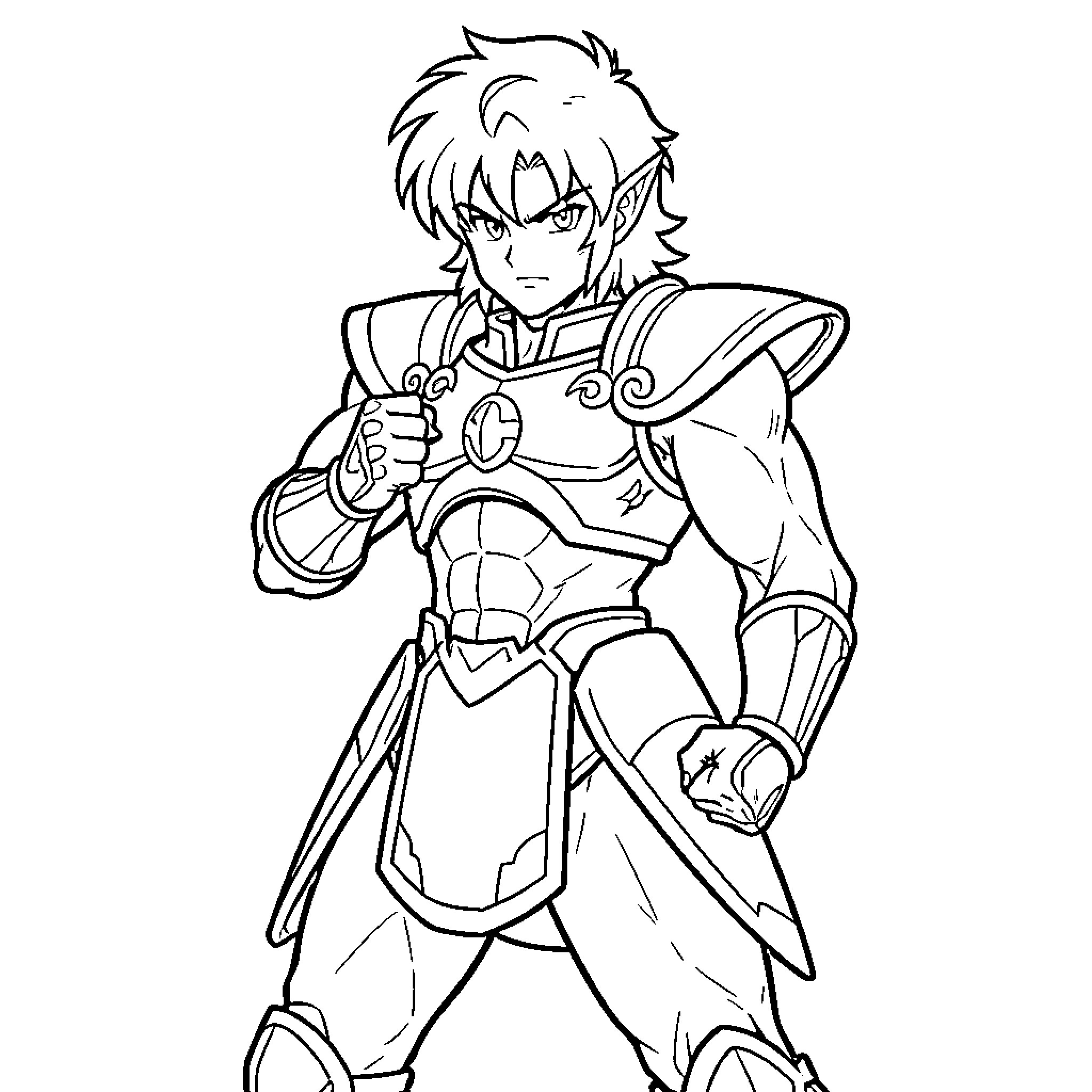 Milo standing heroically in detailed warrior armor Coloring Page (free black-and-white line drawing printable PDF for all, from beginners to advanced learners, including children, teens, adults, and seniors)