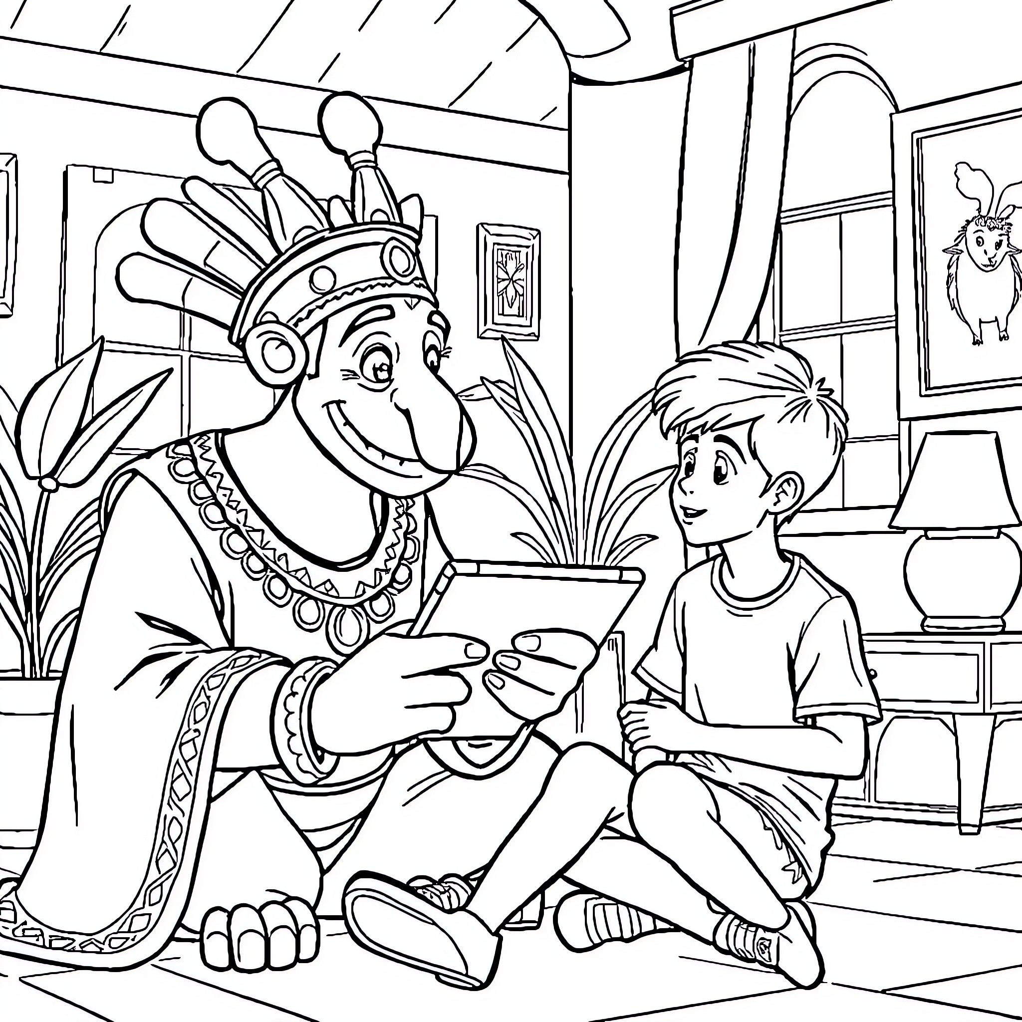 Kuzco's Friendly Encounter with a Young Companion Coloring Page (free black-and-white line drawing printable PDF for all, from beginners to advanced learners, including children, teens, adults, and seniors)