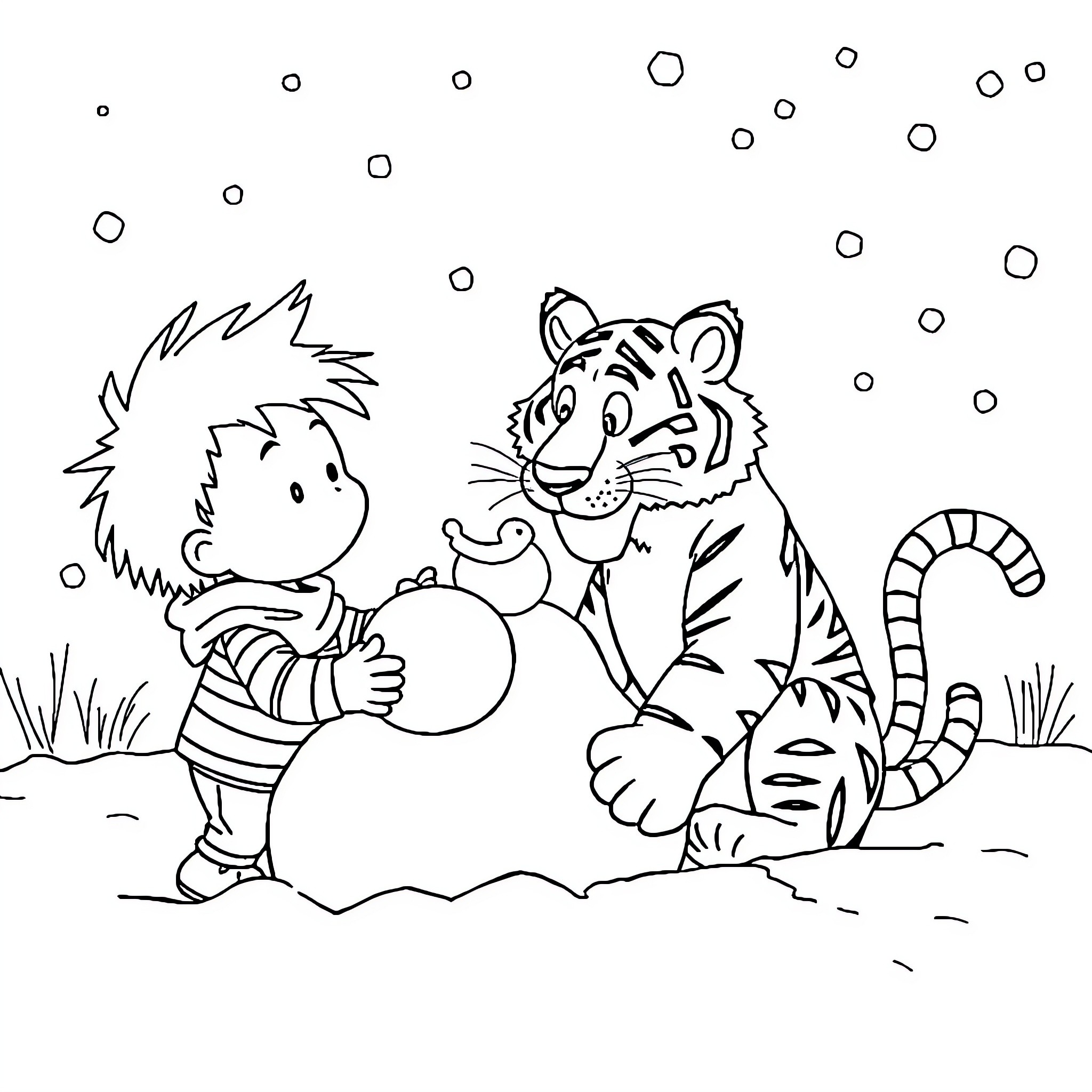 Calvin and Hobbes playing together in the snow Coloring Page (free black-and-white line drawing printable PDF for all, from beginners to advanced learners, including children, teens, adults, and seniors)
