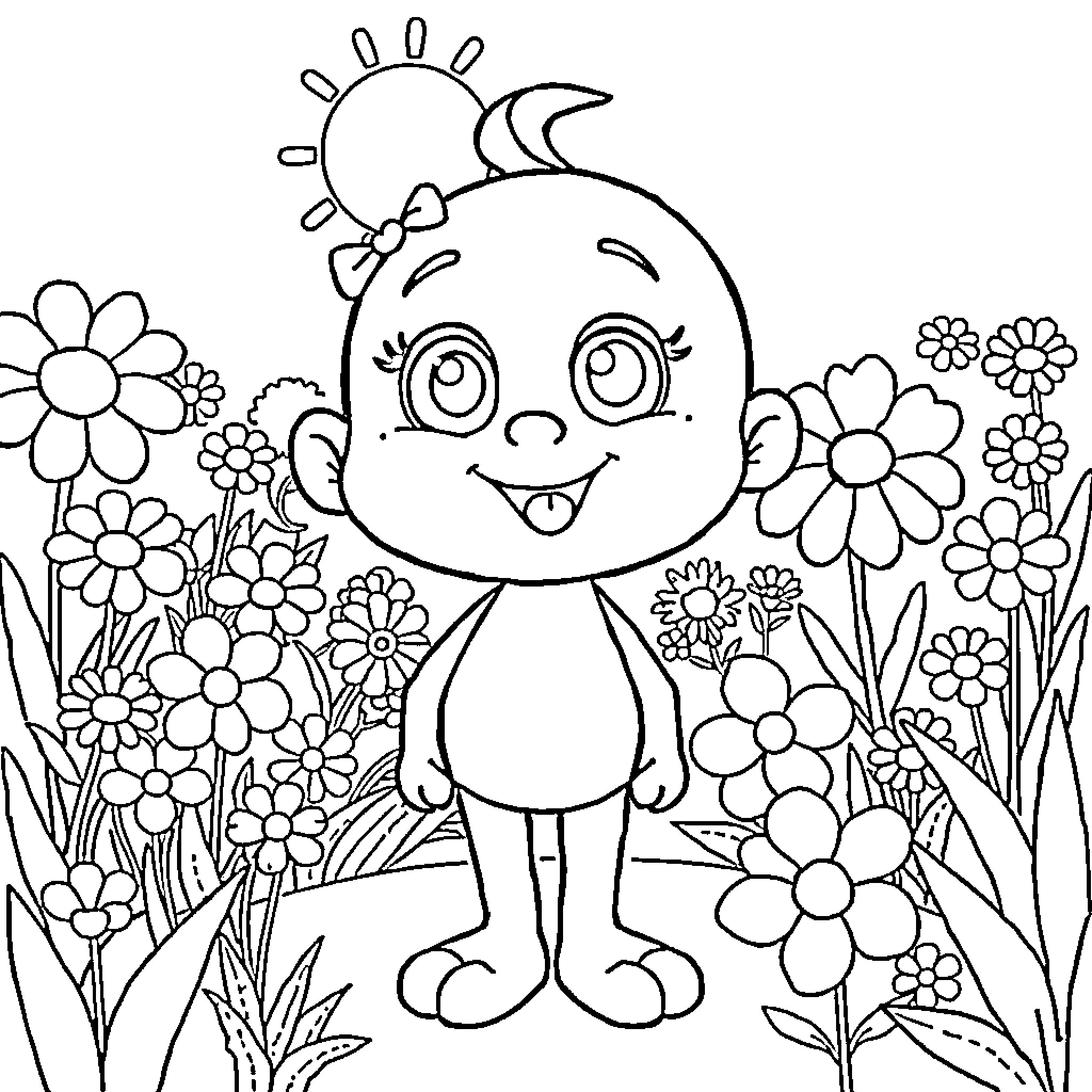 Gany's Adorable Garden Adventure Coloring Page (free black-and-white line drawing printable PDF for all, from beginners to advanced learners, including children, teens, adults, and seniors)