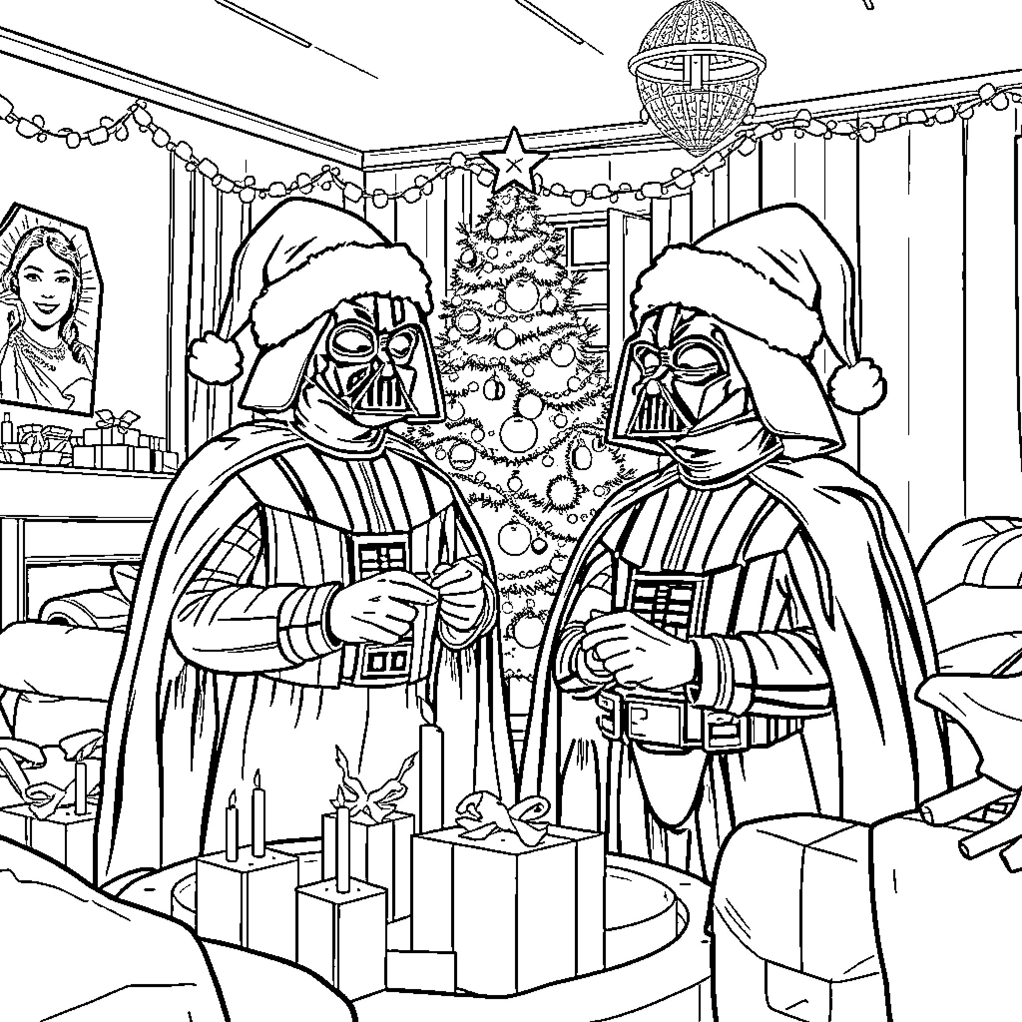 Darth Vader and Stormtrooper Celebrate Christmas Coloring Page (free black-and-white line drawing printable PDF for all, from beginners to advanced learners, including children, teens, adults, and seniors)