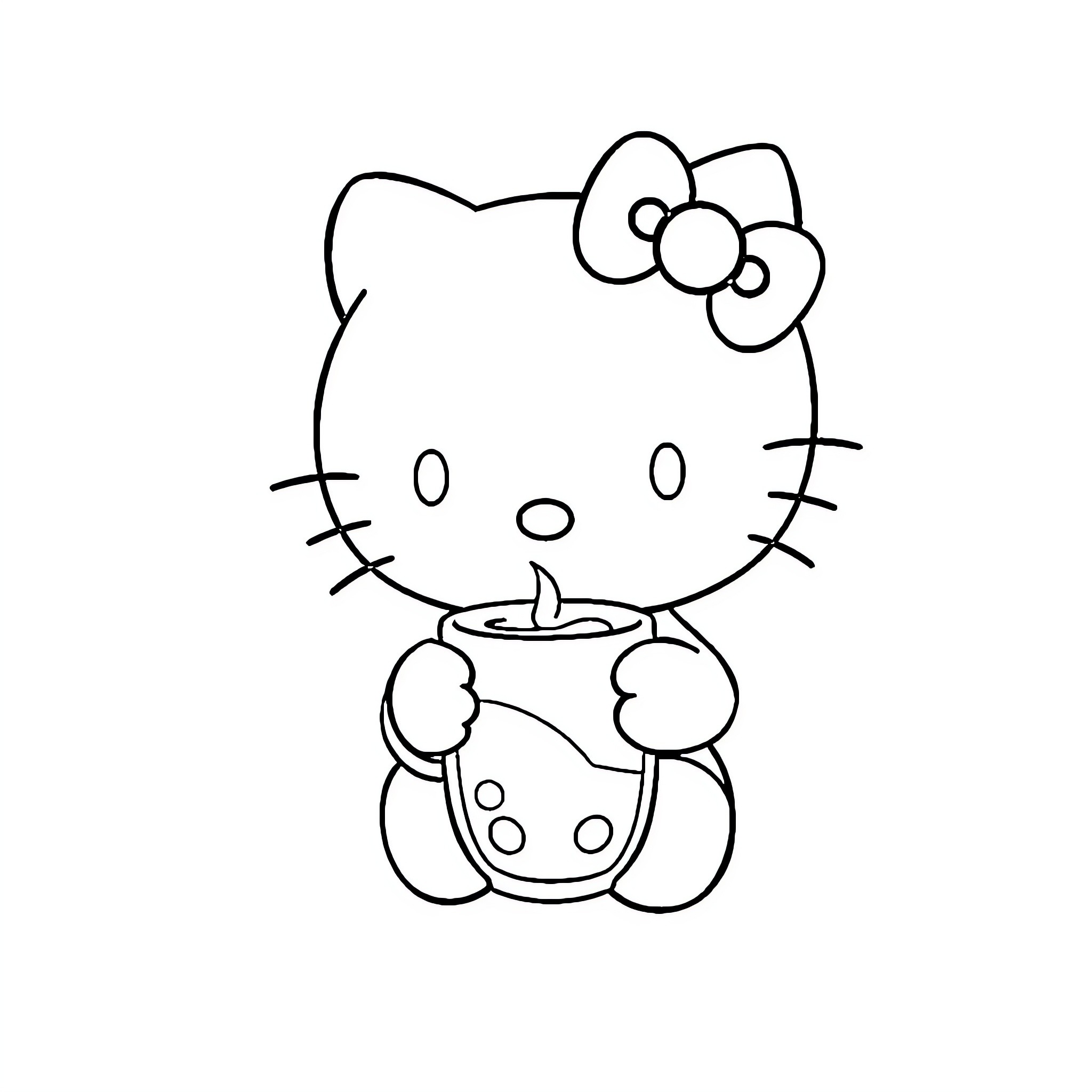 Hello Kitty enjoying a snack Coloring Page (free black-and-white line drawing printable PDF for all, from beginners to advanced learners, including children, teens, adults, and seniors)