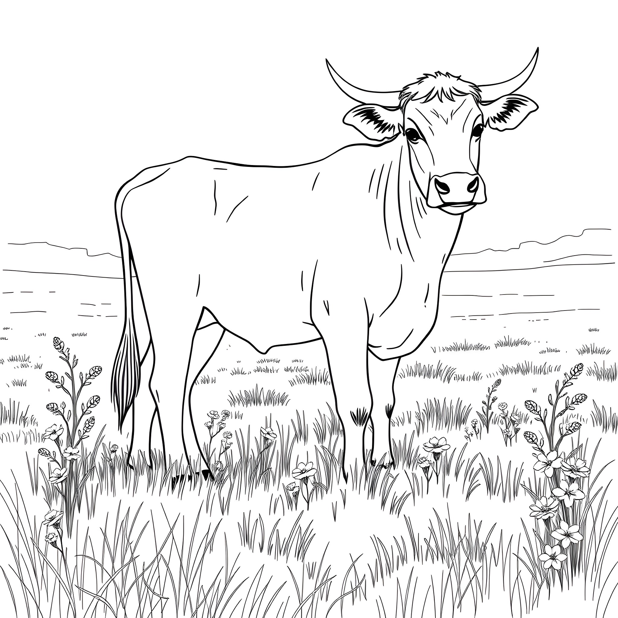 Calf standing in a grassy field Coloring Page (free black-and-white line drawing printable PDF for all, from beginners to advanced learners, including children, teens, adults, and seniors)