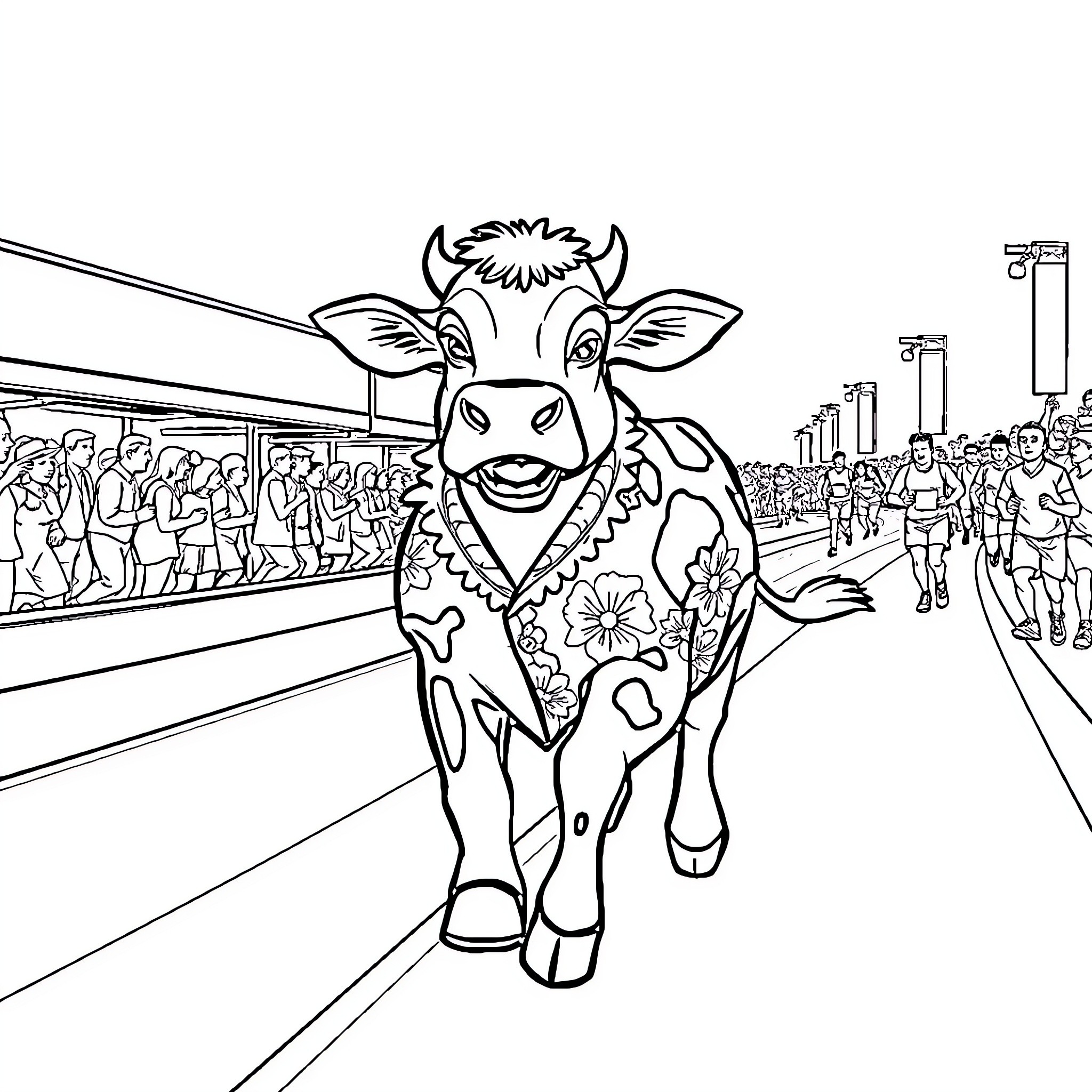 Cow parading through a busy crowd Coloring Page (free black-and-white line drawing printable PDF for all, from beginners to advanced learners, including children, teens, adults, and seniors)
