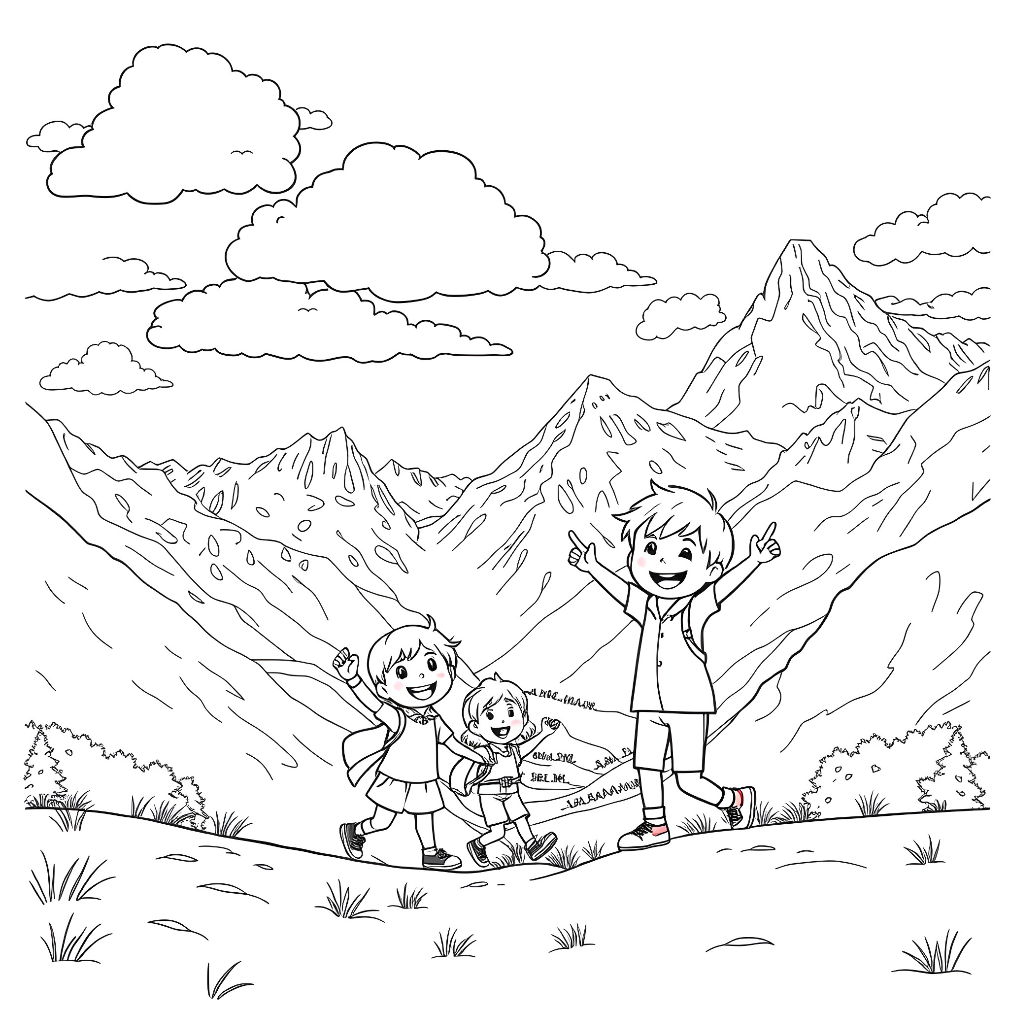 Child Joyfully Exploring Mountainous Landscape Coloring Page (free black-and-white line drawing printable PDF for all, from beginners to advanced learners, including children, teens, adults, and seniors)
