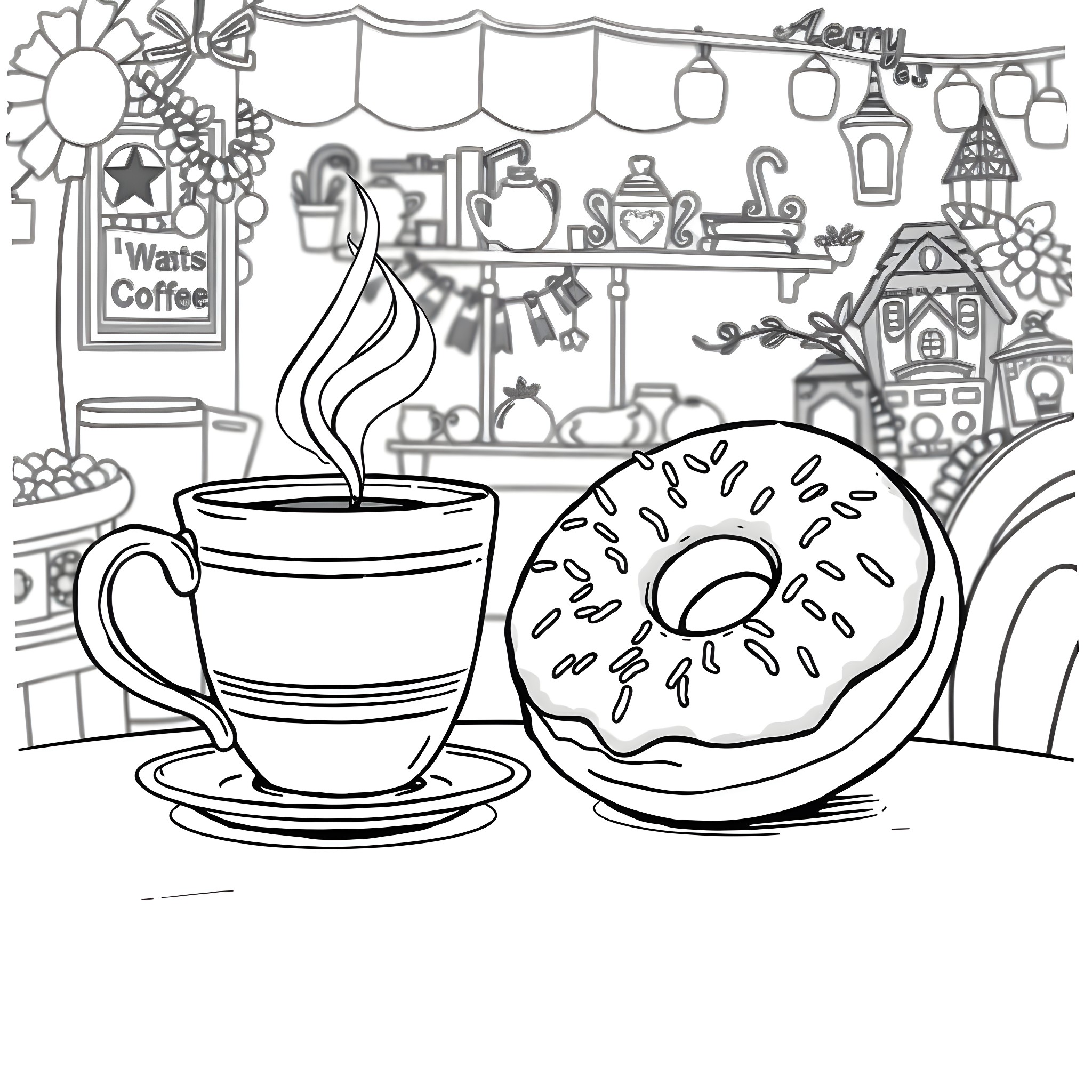 Coffee, Donuts, and Cozy Cafe Atmosphere Coloring Page (free black-and-white line drawing printable PDF for all, from beginners to advanced learners, including children, teens, adults, and seniors)