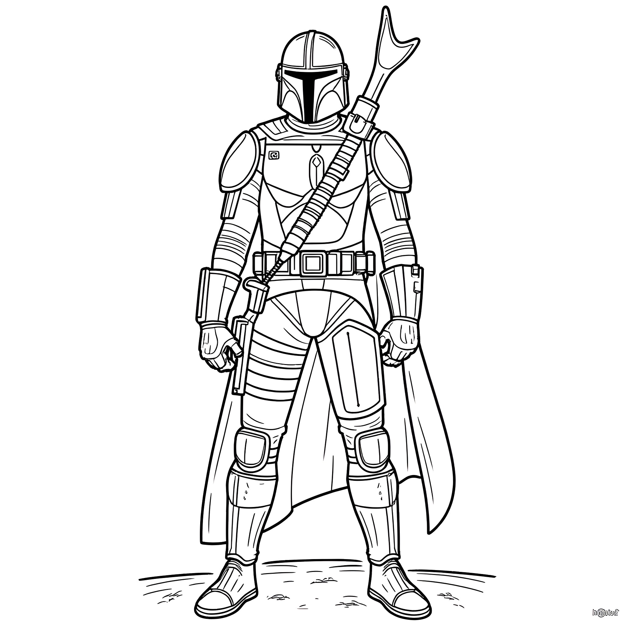 Mandalorian warrior in combat gear Coloring Page (free black-and-white line drawing printable PDF for all, from beginners to advanced learners, including children, teens, adults, and seniors)
