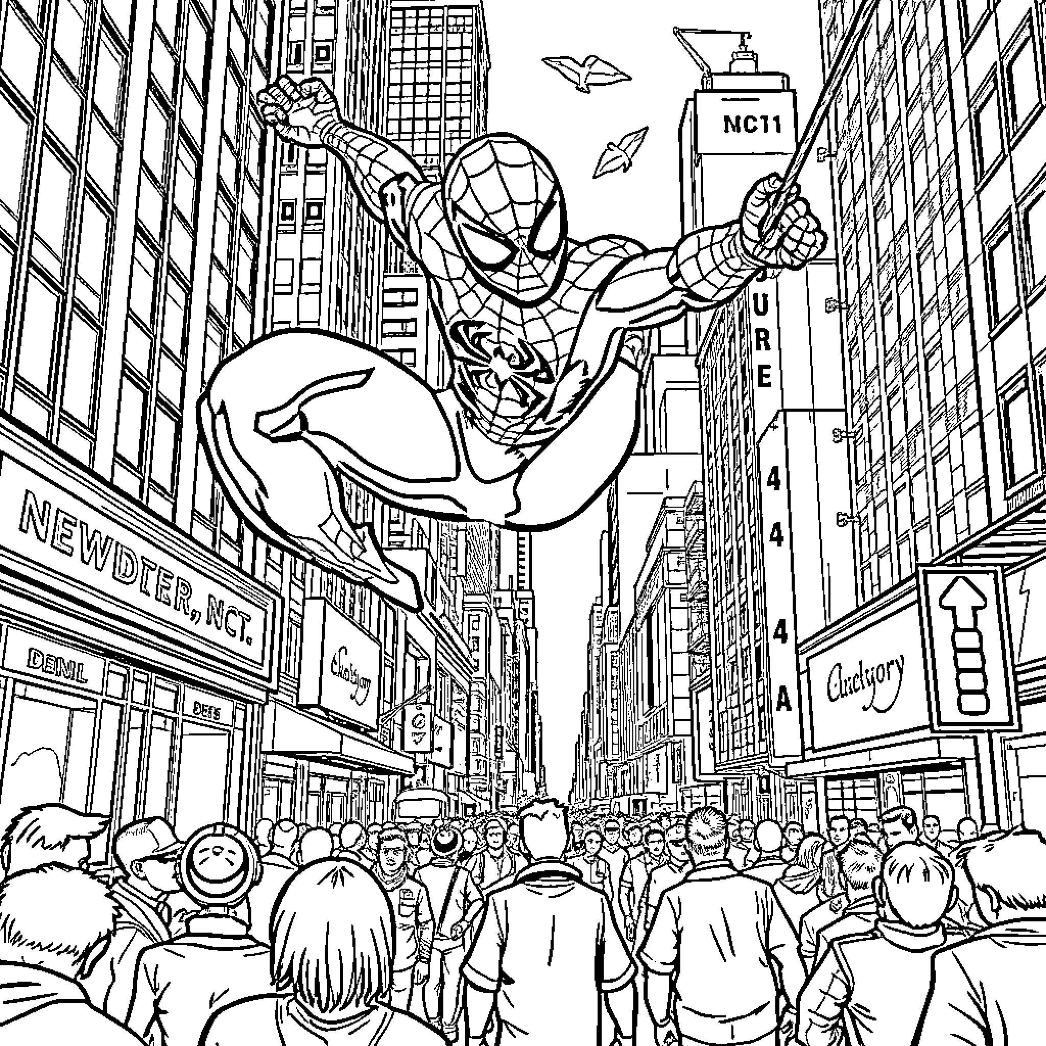 Spiderman swinging above the busy city streets Coloring Page (free black-and-white line drawing printable PDF for all, from beginners to advanced learners, including children, teens, adults, and seniors)