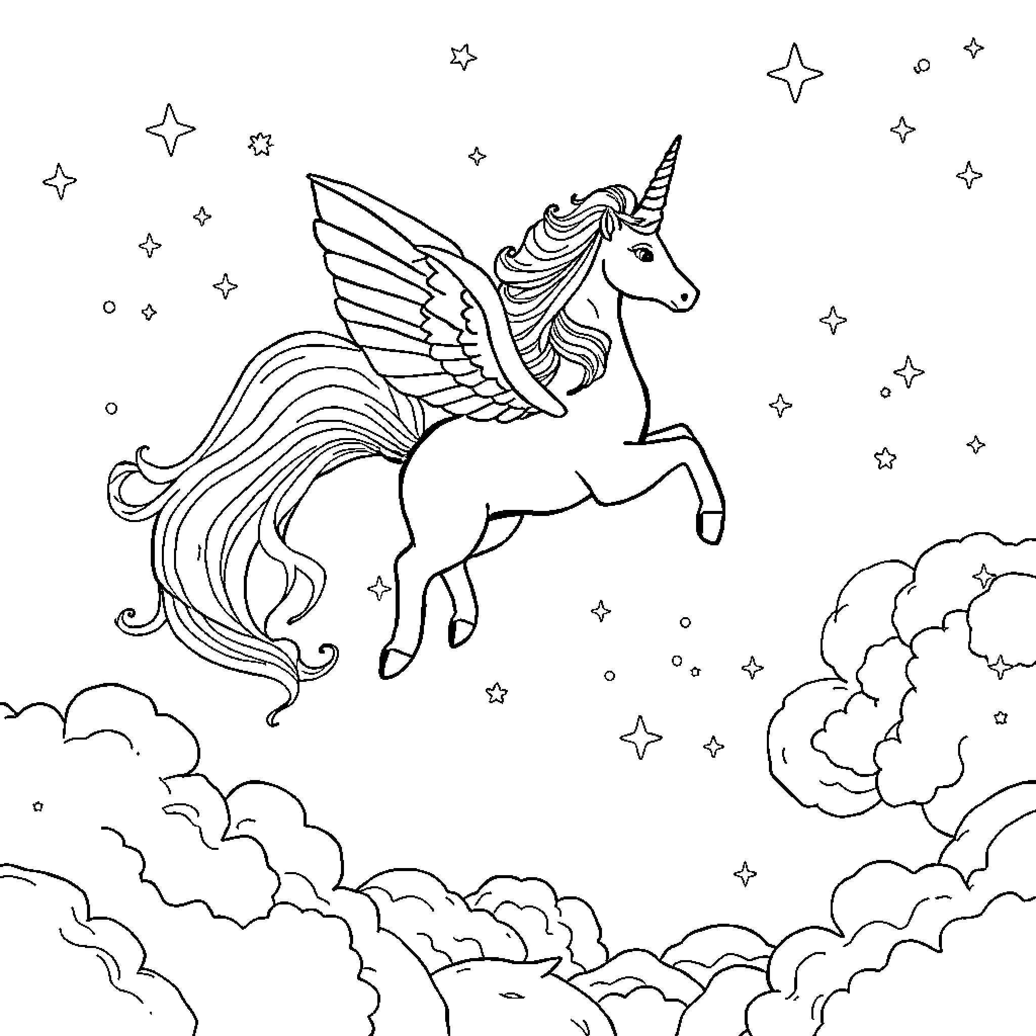 Licorne flying through a starry sky above clouds Coloring Page (free black-and-white line drawing printable PDF for all, from beginners to advanced learners, including children, teens, adults, and seniors)