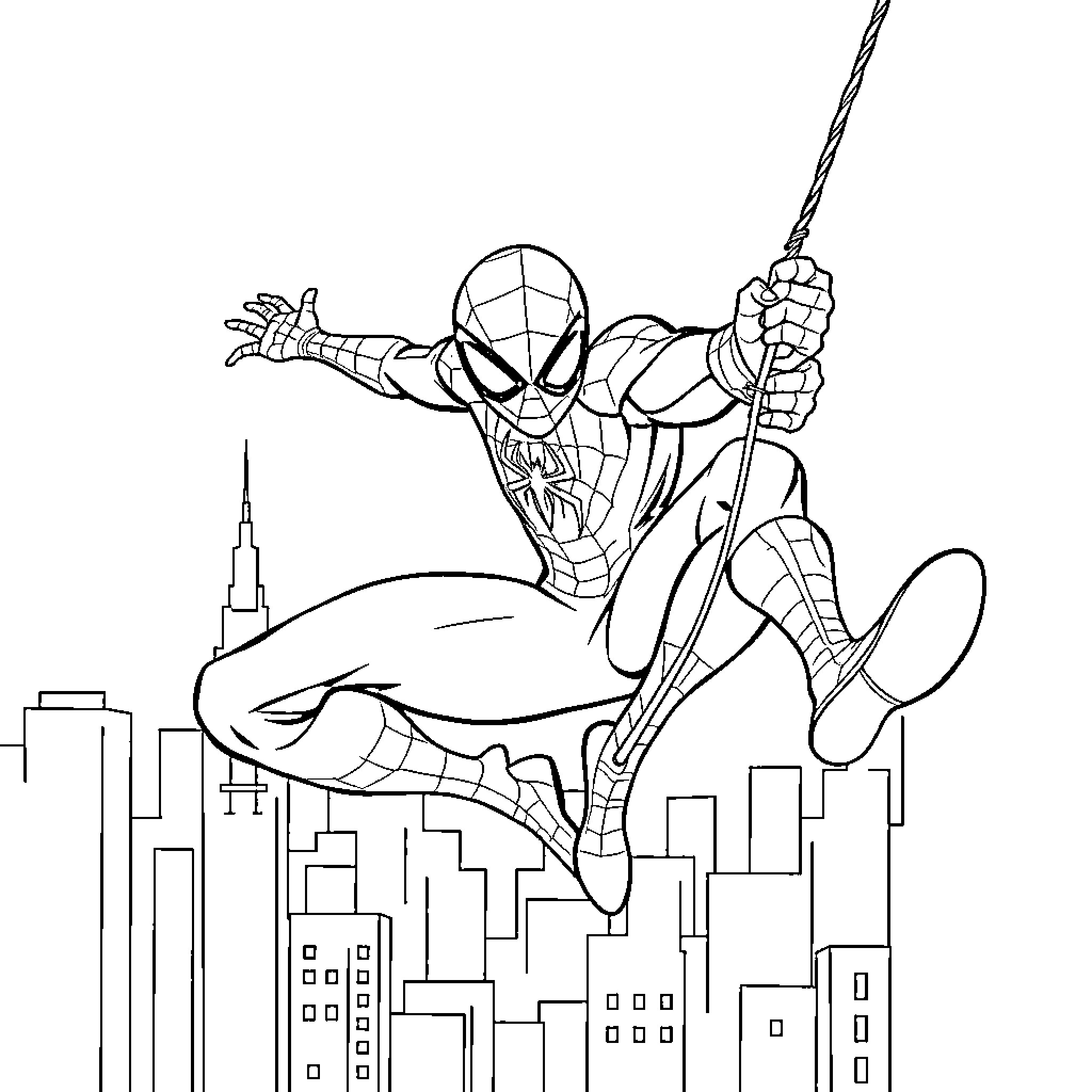 Spiderman swinging through the city skyline Coloring Page (free black-and-white line drawing printable PDF for all, from beginners to advanced learners, including children, teens, adults, and seniors)