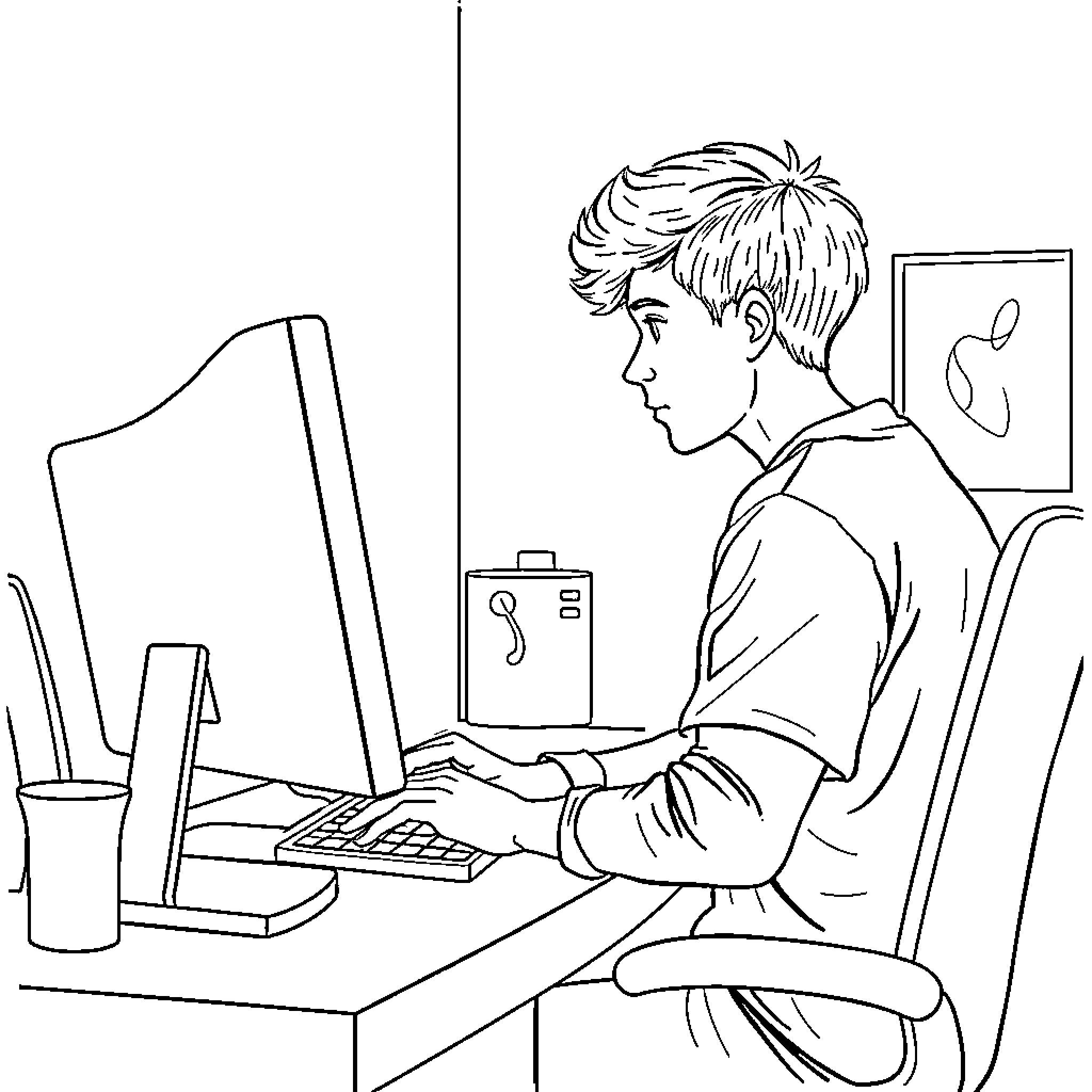 Boy working intently at computer desk Coloring Page (free black-and-white line drawing printable PDF for all, from beginners to advanced learners, including children, teens, adults, and seniors)