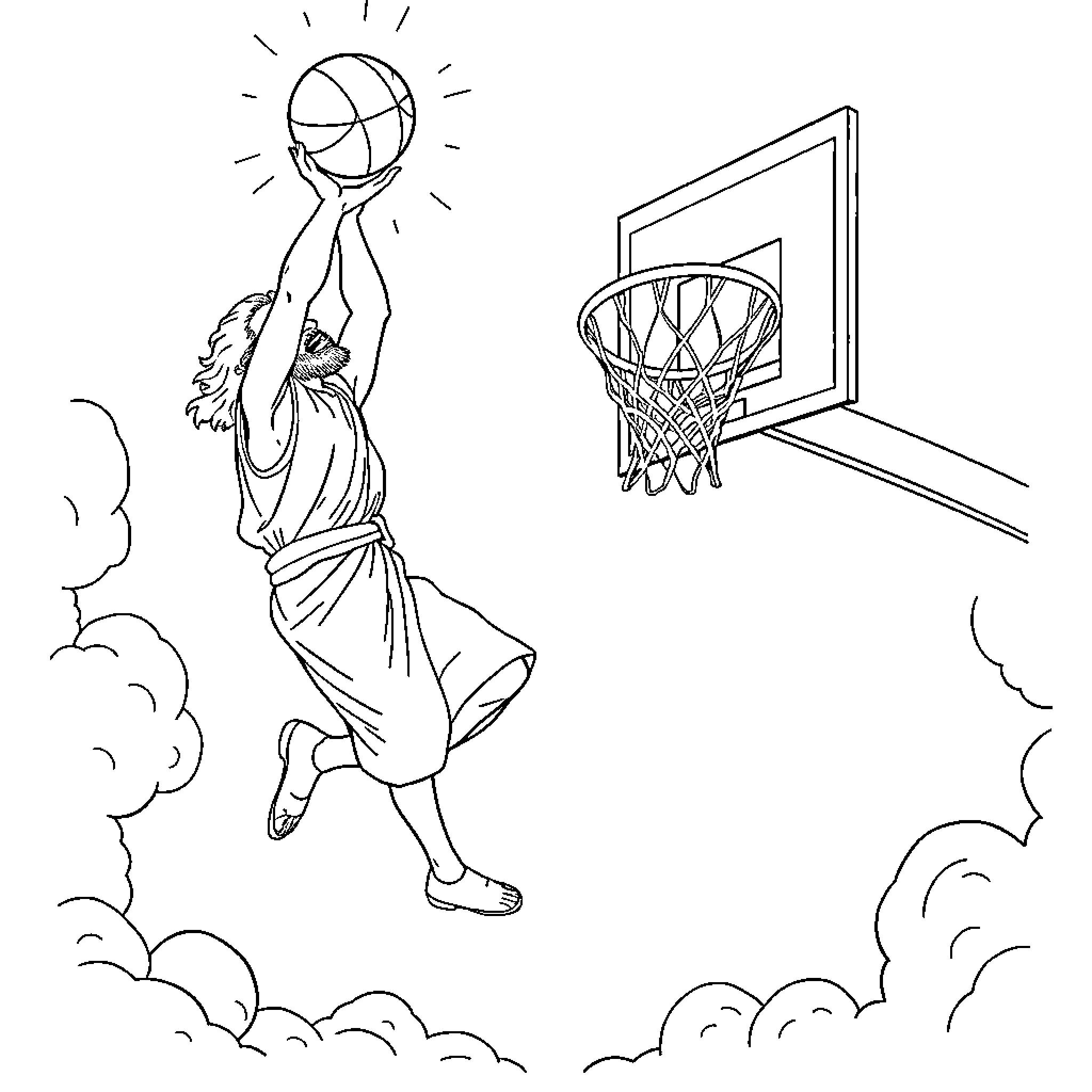 Jesus slam dunking a basketball in the clouds Coloring Page (free black-and-white line drawing printable PDF for all, from beginners to advanced learners, including children, teens, adults, and seniors)