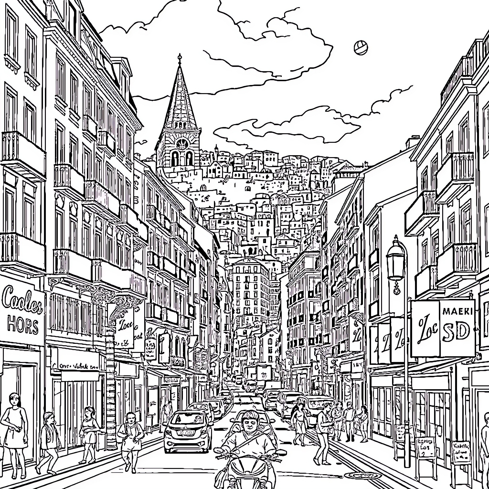 Losc Bustling City Street with Towering Architecture Coloring Page (free black-and-white line drawing printable PDF for all, from beginners to advanced learners, including children, teens, adults, and seniors)