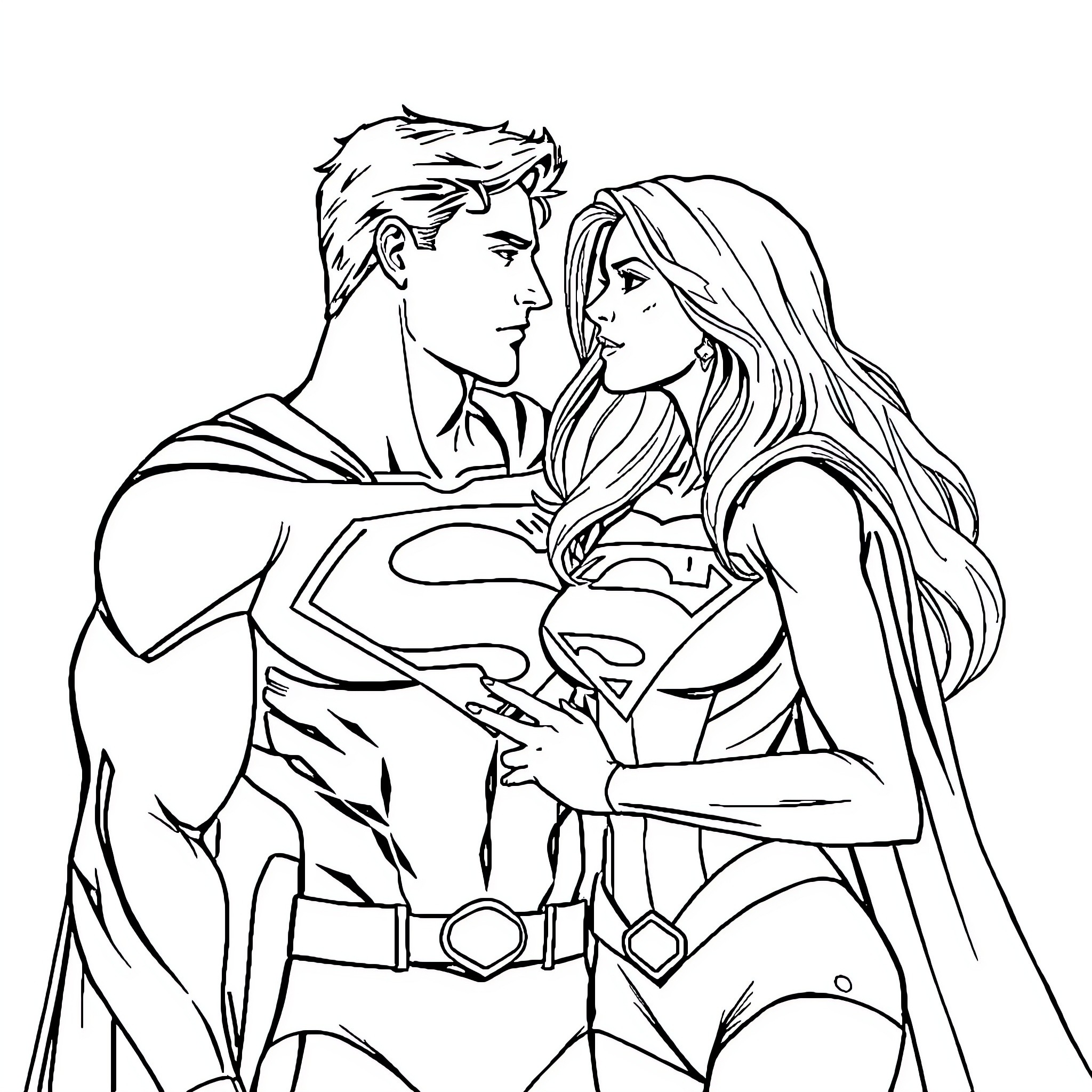 Superman and Superwoman in Romantic Embrace Coloring Page (free black-and-white line drawing printable PDF for all, from beginners to advanced learners, including children, teens, adults, and seniors)
