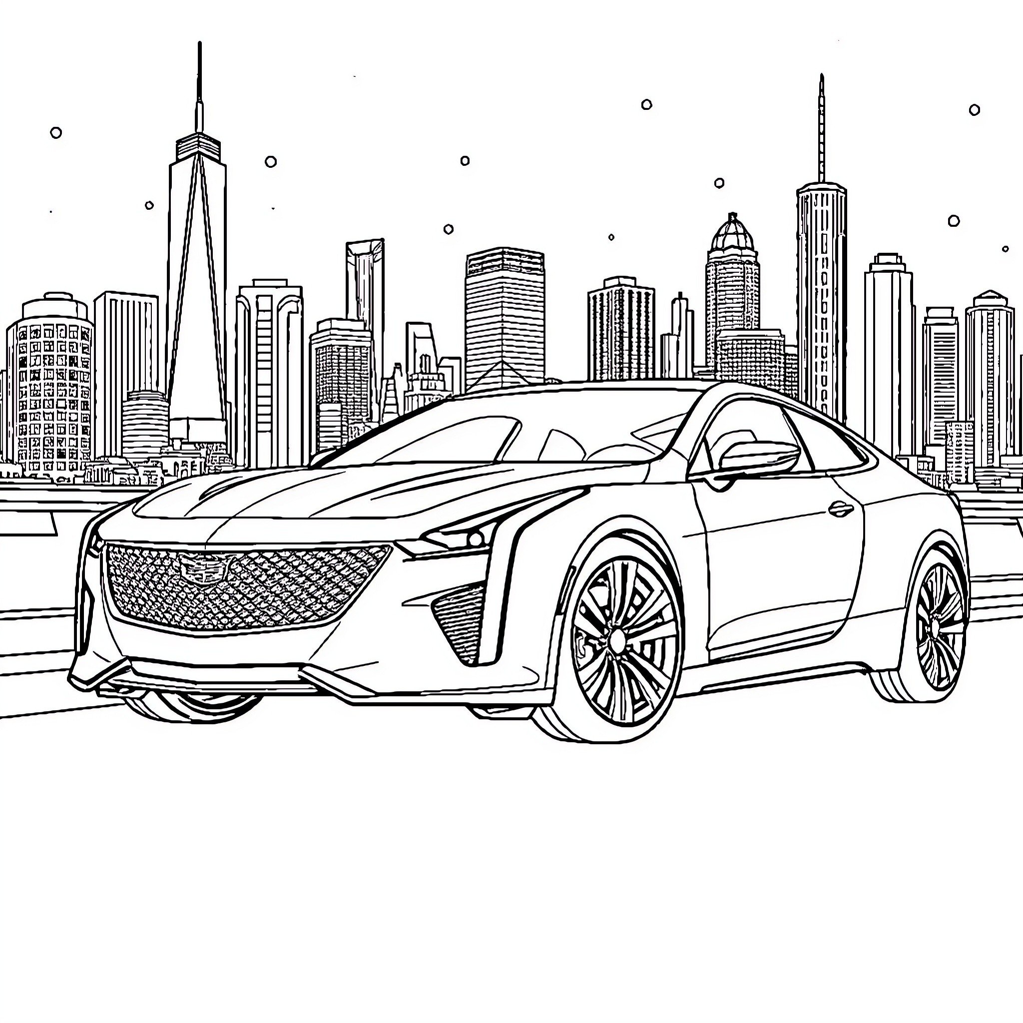 Cadillac luxury sedan in urban cityscape Coloring Page (free black-and-white line drawing printable PDF for all, from beginners to advanced learners, including children, teens, adults, and seniors)
