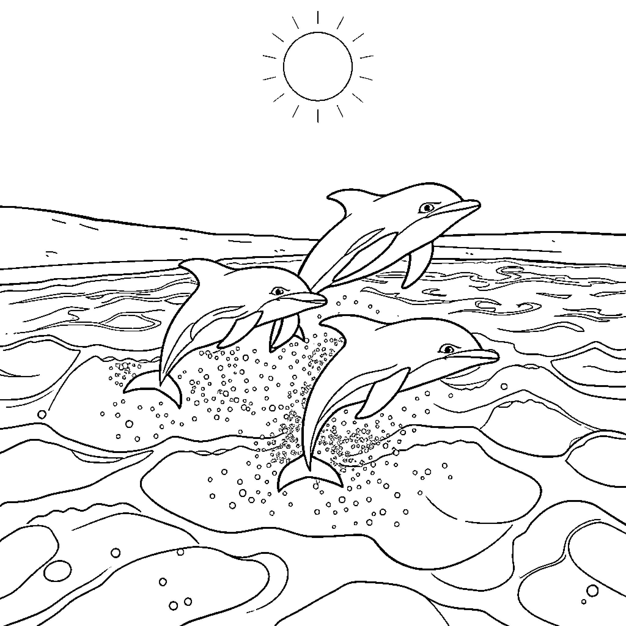Dolphin swimming playfully in the ocean Coloring Page (free black-and-white line drawing printable PDF for all, from beginners to advanced learners, including children, teens, adults, and seniors)