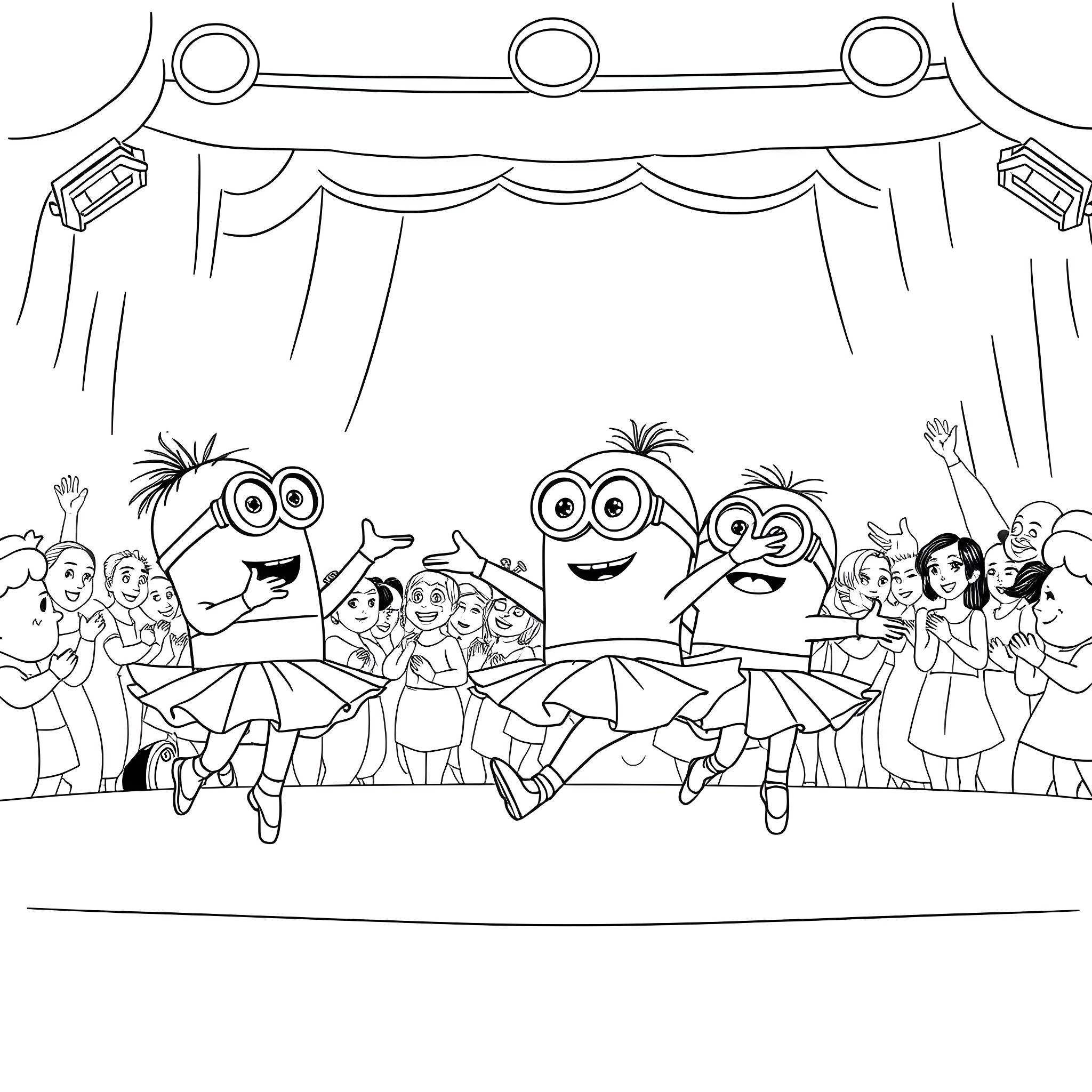 Minions performing on stage with audience Coloring Page (free black-and-white line drawing printable PDF for all, from beginners to advanced learners, including children, teens, adults, and seniors)