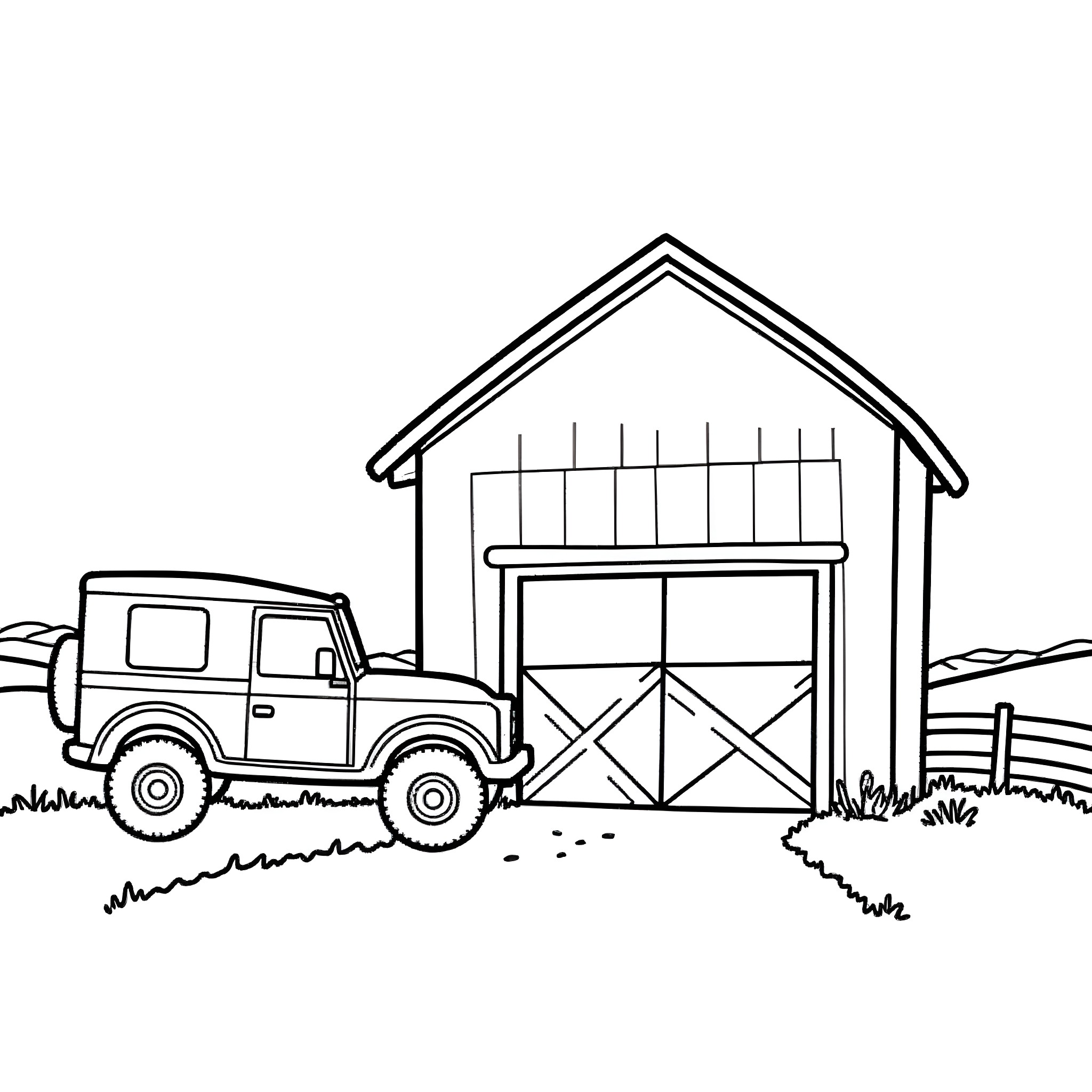 4x4 vehicle parked in front of a barn Coloring Page (free black-and-white line drawing printable PDF for all, from beginners to advanced learners, including children, teens, adults, and seniors)