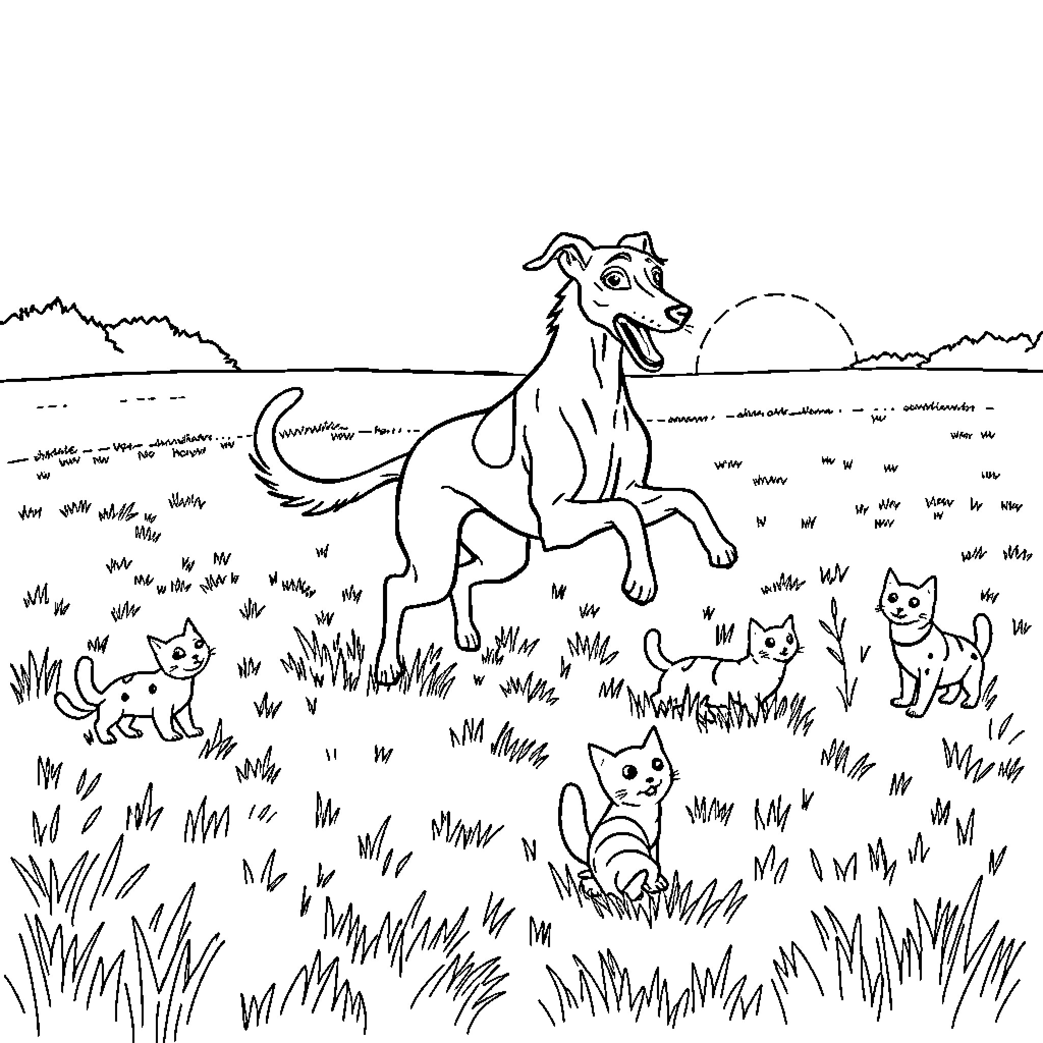 Greyhound and Kittens Playing in the Meadow Coloring Page (free black-and-white line drawing printable PDF for all, from beginners to advanced learners, including children, teens, adults, and seniors)